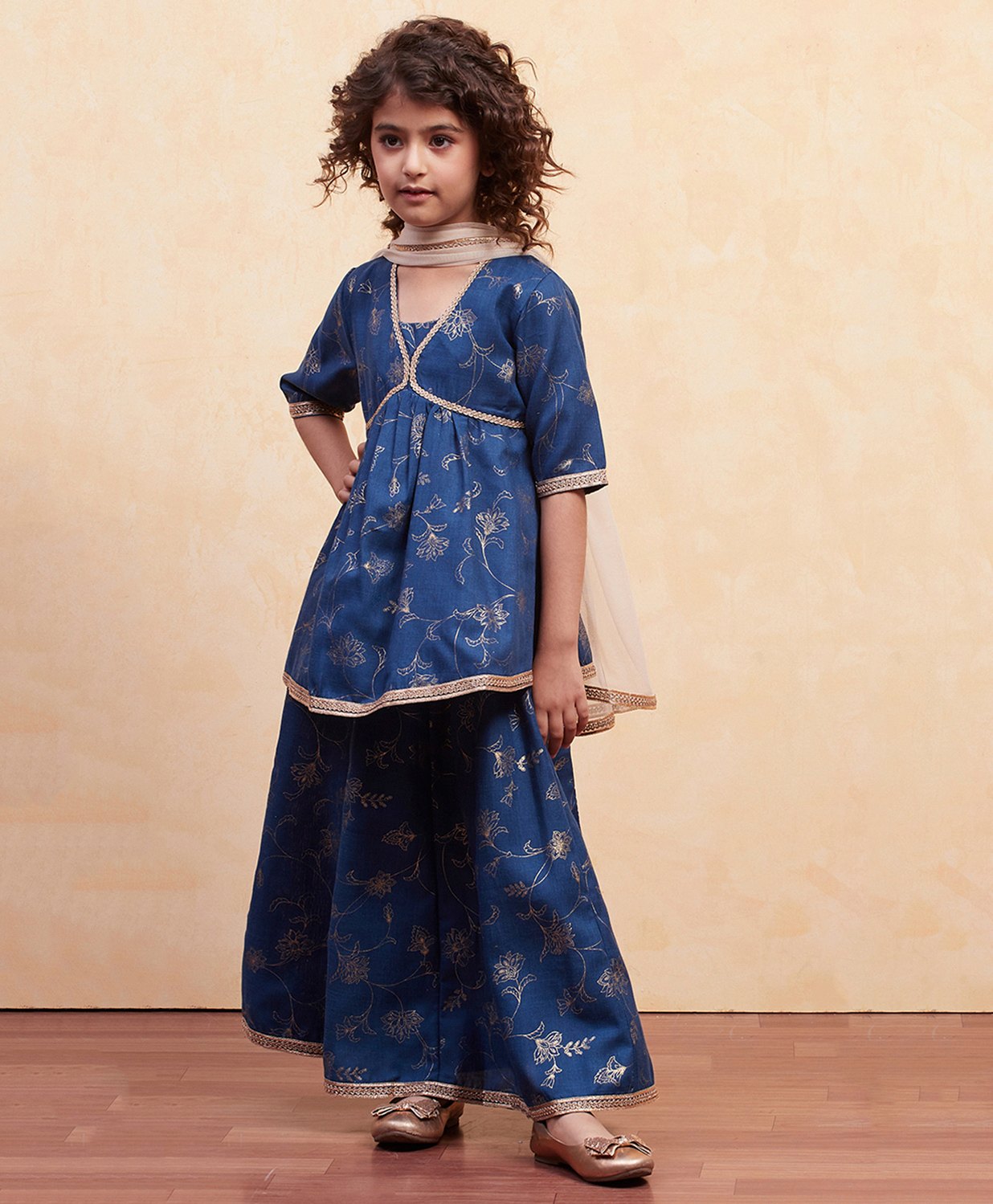 BIBA Woven Half Sleeves Floral Foil Printed Lace Embellished Kurta Lehenga With Dupatta Set - Navy Blue-picture-12