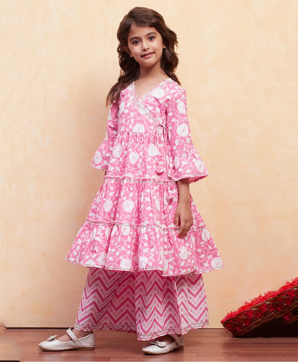 BIBA Cotton Woven Three Fourth Bell Sleeves Floral Printed Lace Embellished Kurta Sharara Set - Pink-picture-13