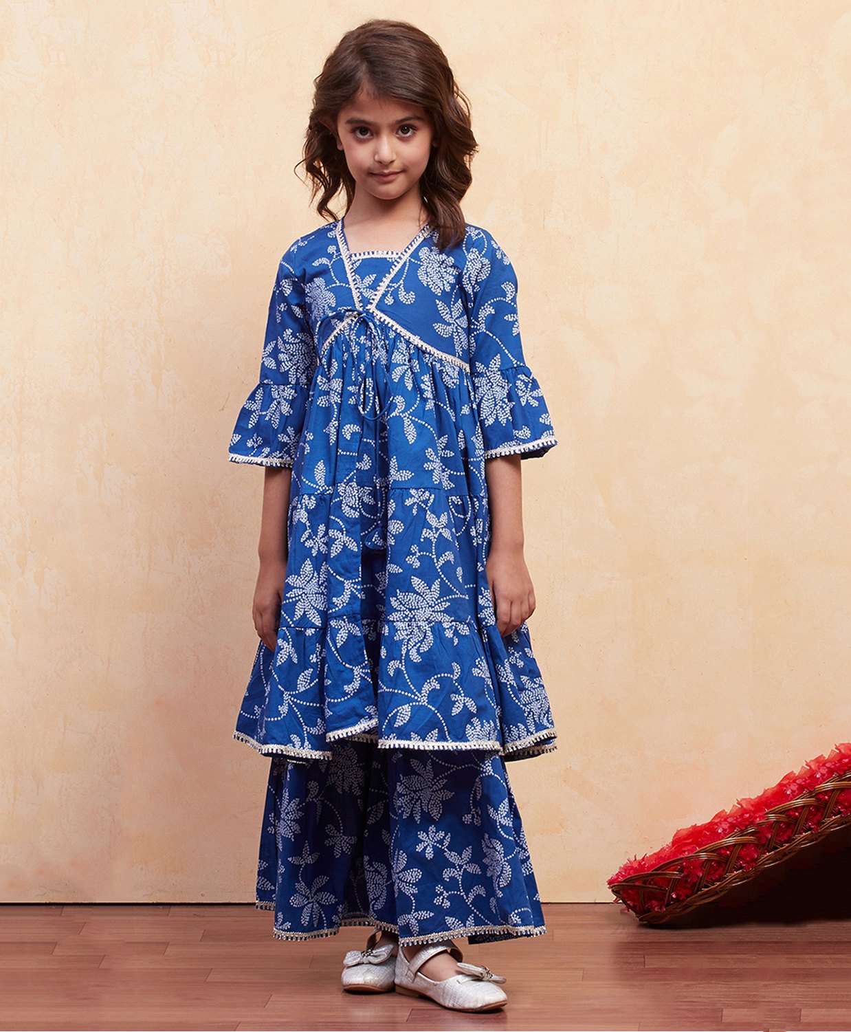 BIBA Cotton Woven Three Fourth Bell Sleeves Floral Shaped Bandhani Printed Gota Lace Embellished Kurta Sharara Set - Blue-picture-17