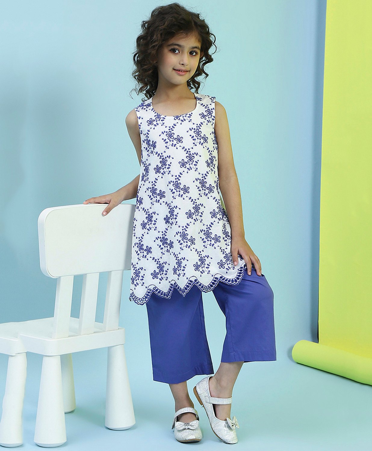 BIBA Cotton Woven Sleeveless Floral Embroidered Kurta Pant Set - White-picture-13