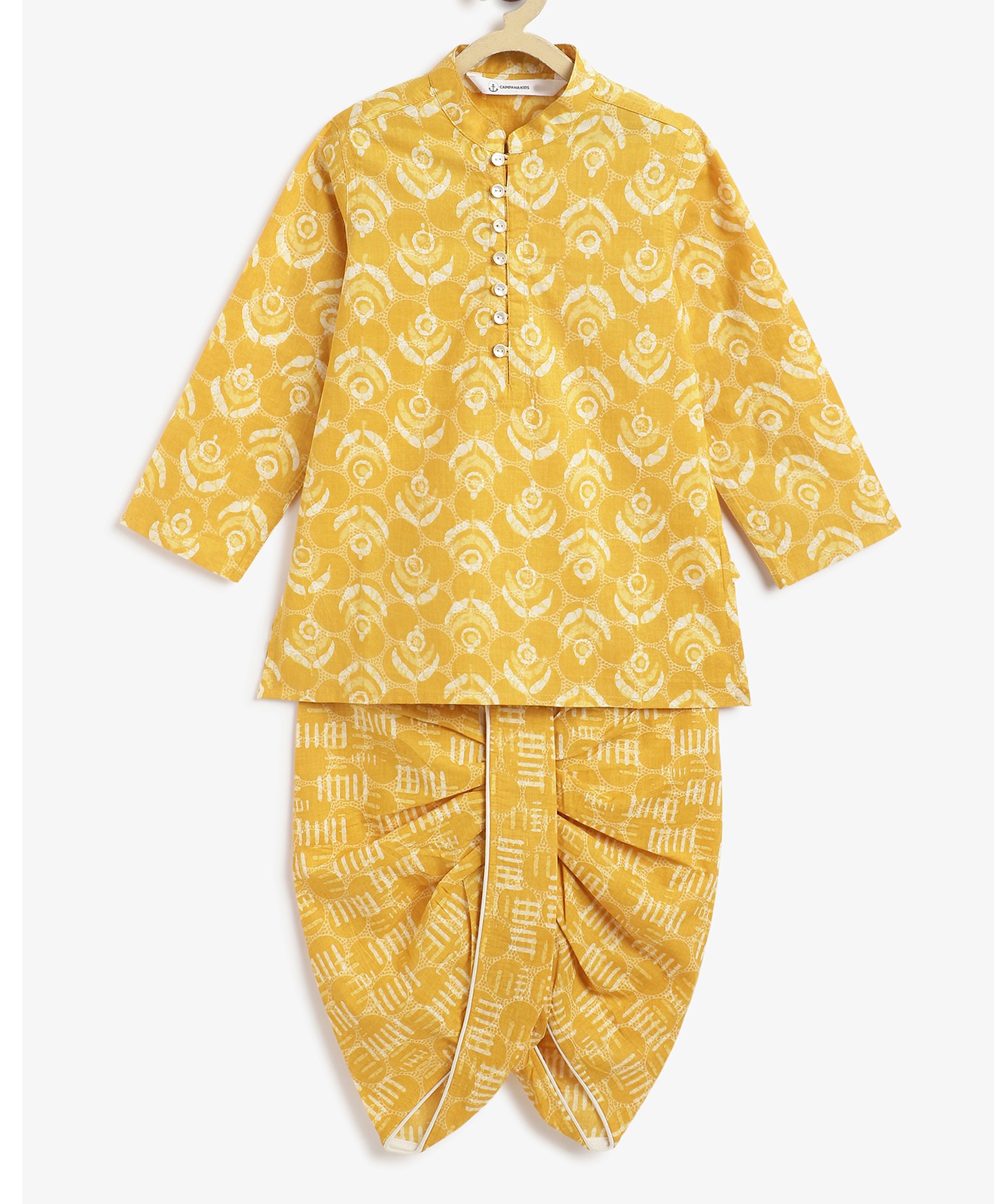 Campana 100% Cotton Woven Full Sleeves Block Printed Dhoti Kurta Set - Yellow-picture-10