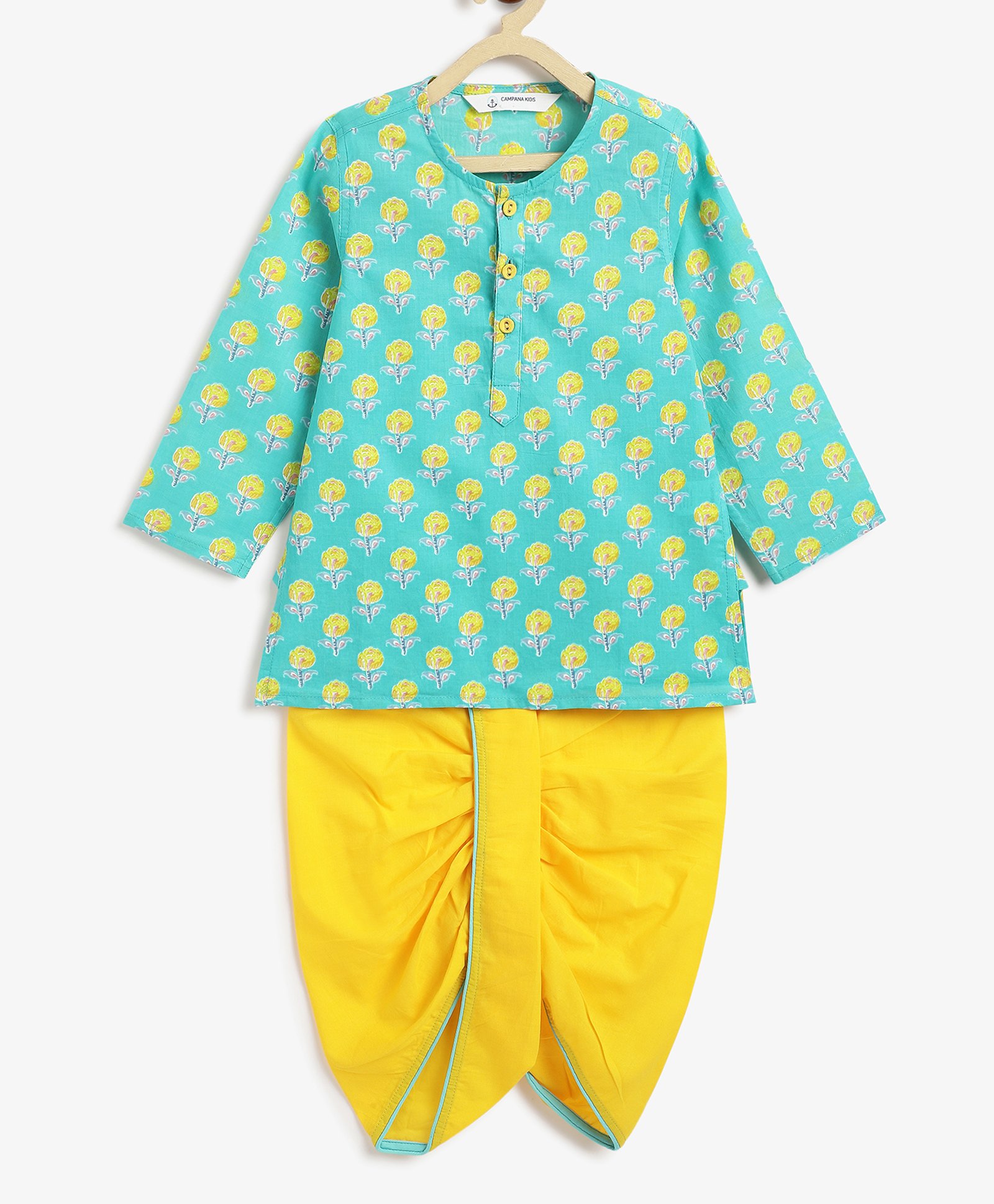Campana 100% Cotton Woven Full Sleeves Floral Printed Dhoti Kurta Set - Turquoise & Yellow-picture-21