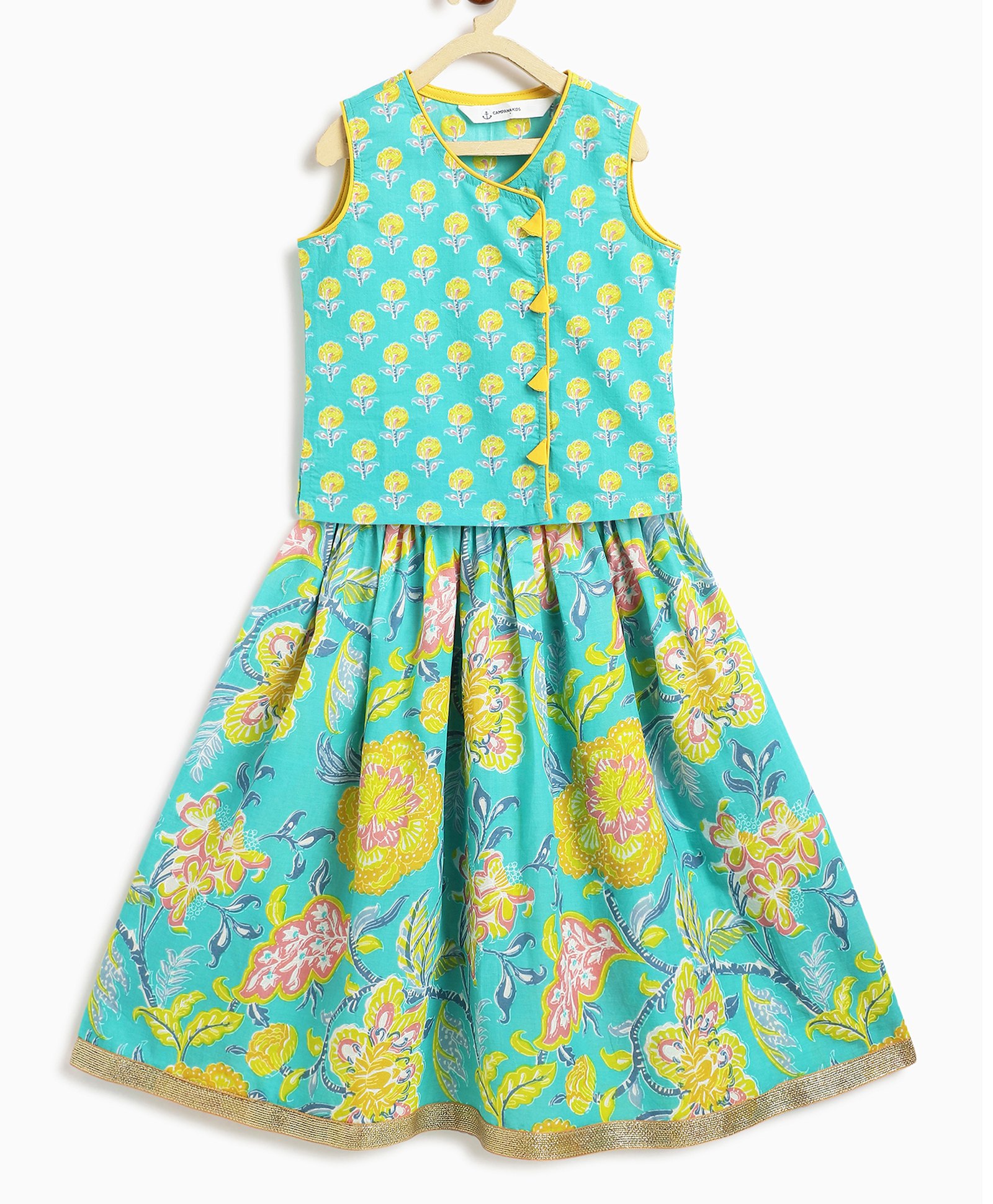 Campana 100% Cotton Woven Sleeveless Floral Printed Gota Lace Embellished Lehenga Choli Set - Turquoise & Yellow-image-32