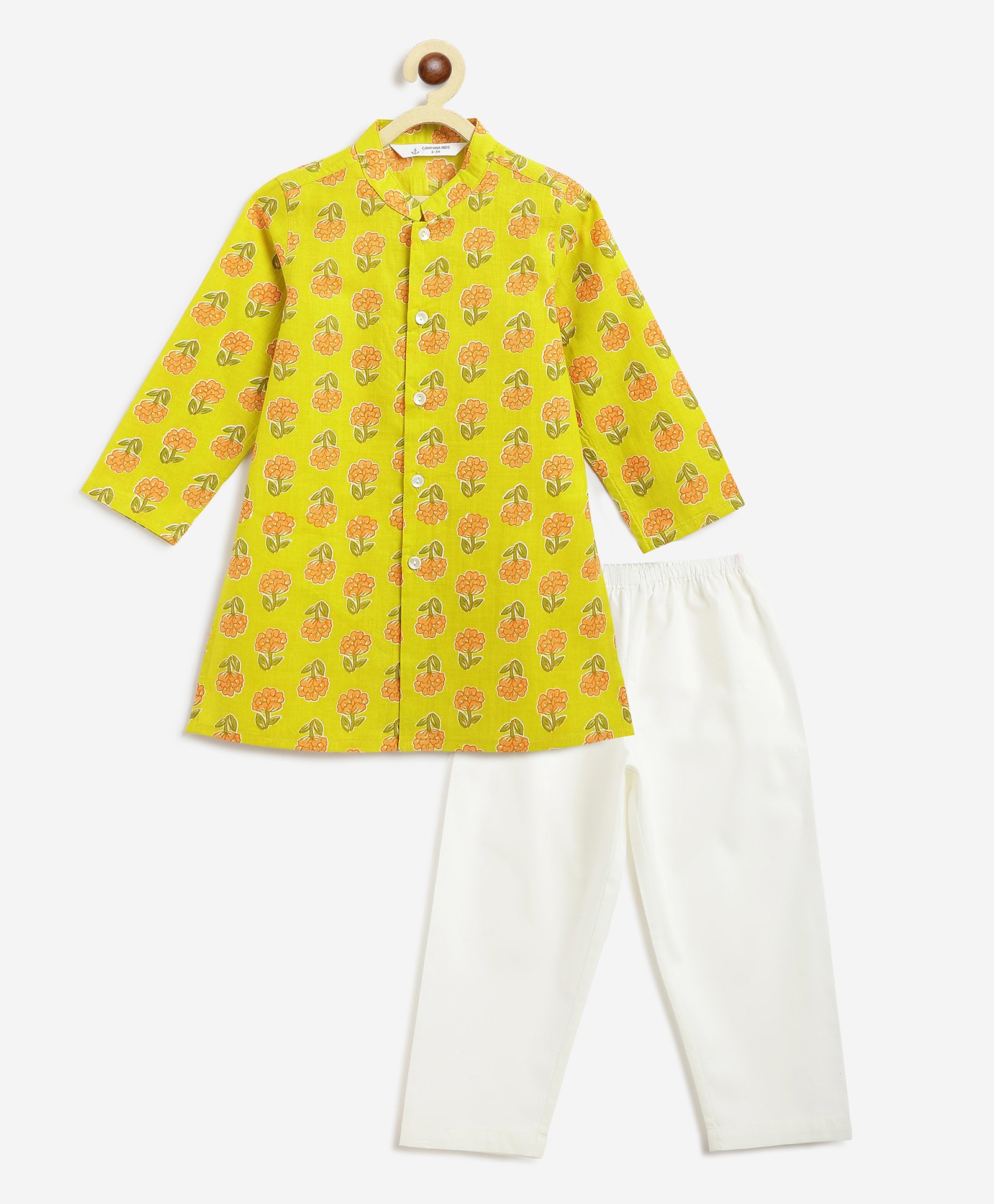 Campana 100% Cotton Woven Full Sleeves Floral Printed Kurta Pyjama Set - Lime Green & Peach-picture-9