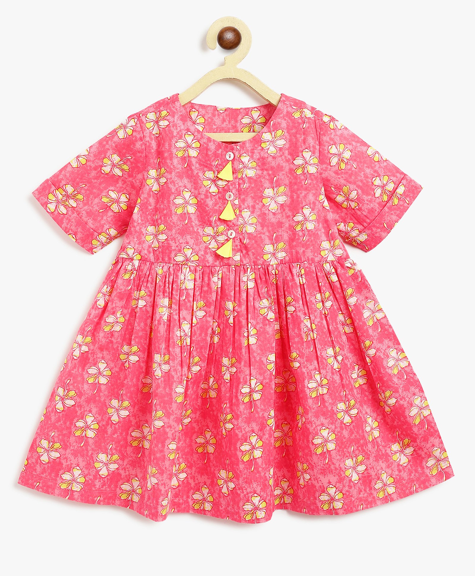 Campana 100% Cotton Woven Half Sleeves Floral Printed Dress - Pink & Yellow-image-16