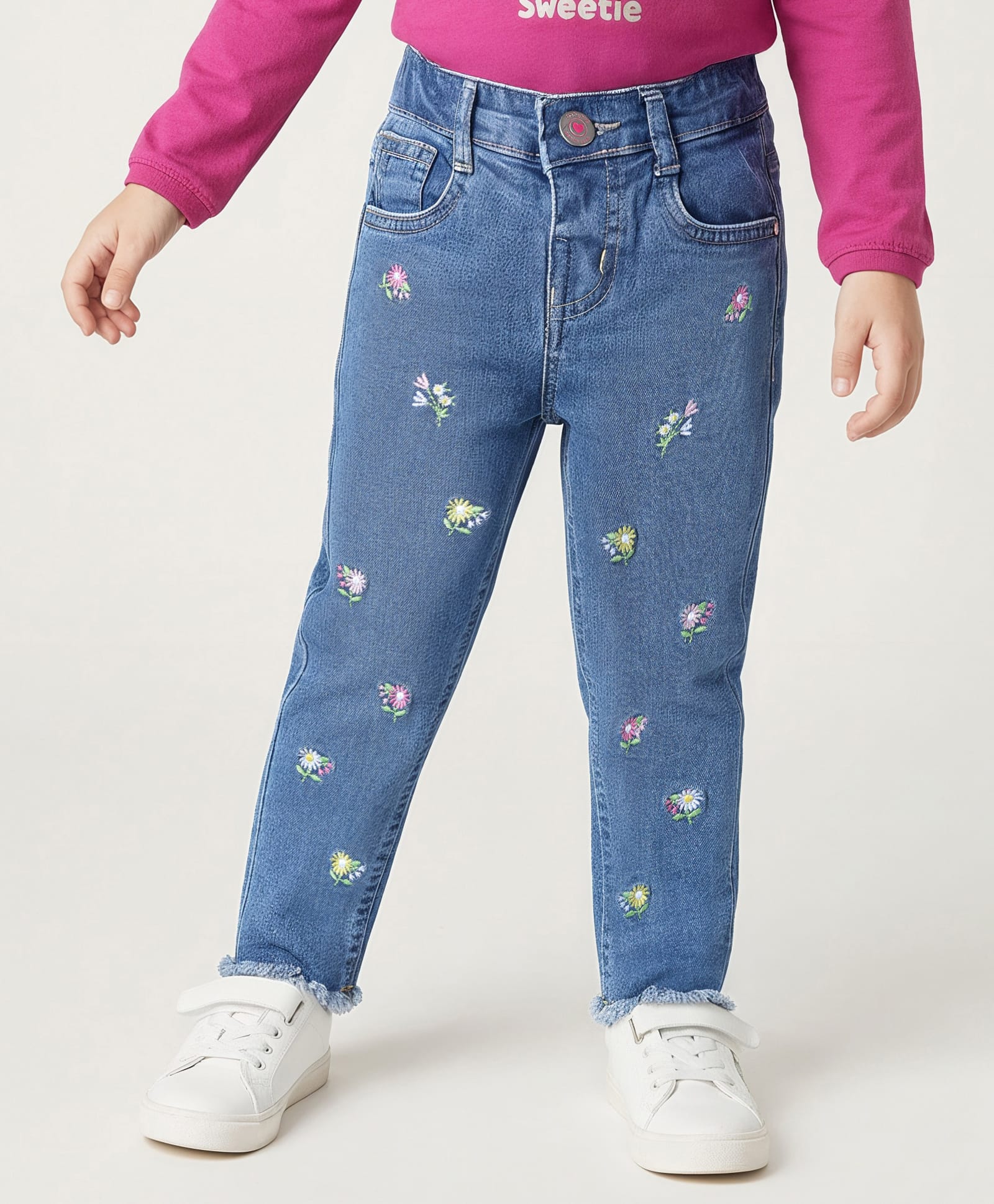 Babyhug Denim Full Length Washed Jeans With Stretch & Floral Embroidery - Blue-picture-30