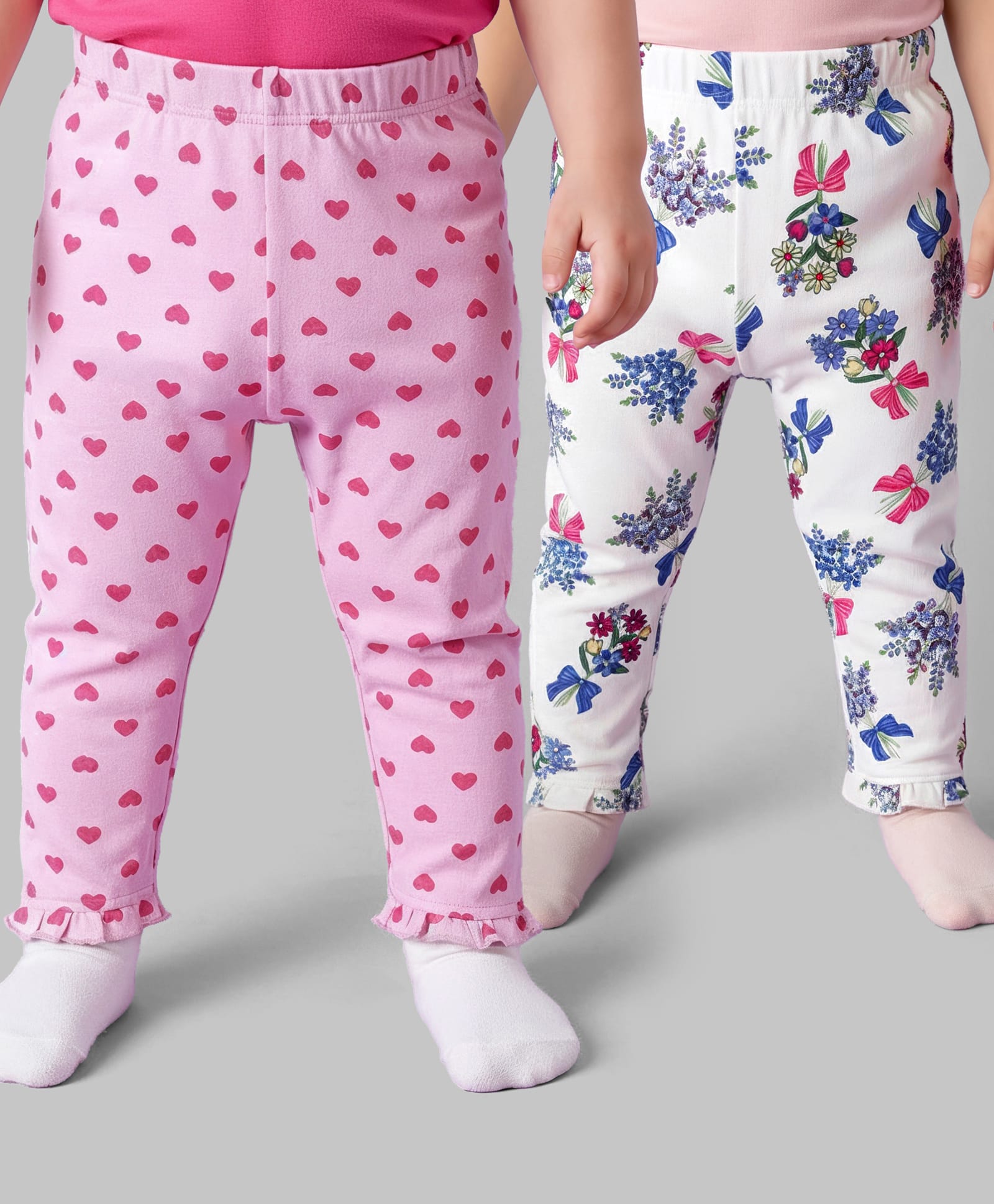 Babyoye 100% Cotton Knit With Eco Jiva Finish Full Length Leggings with Floral & Heart Print Pack of 2 - Pink & White-picture-20