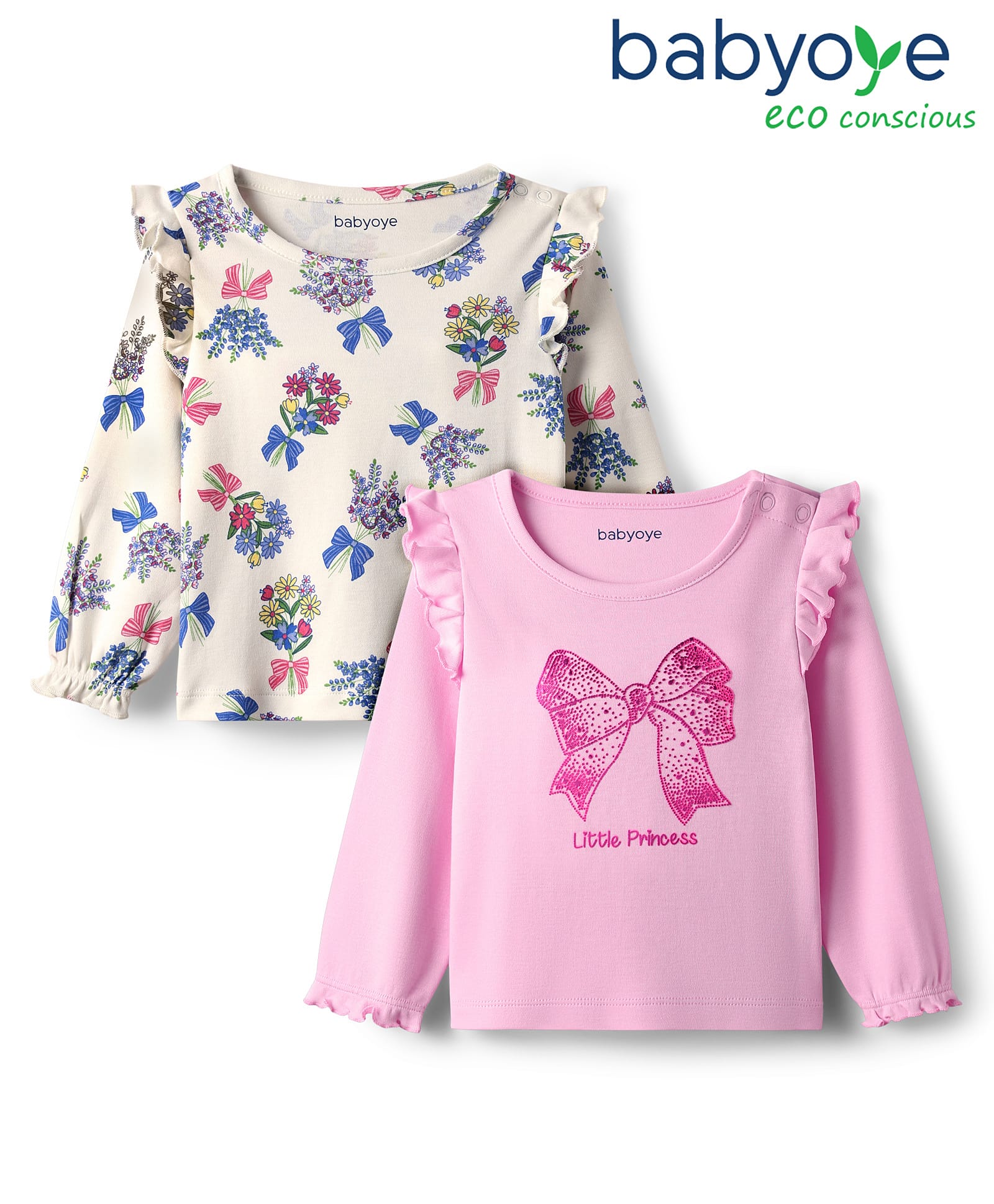 Babyoye 100% Cotton Knit Eco Jiva Finish Full Sleeves T-Shirts With Floral Print Pack of 2 - Pink & White-picture-22