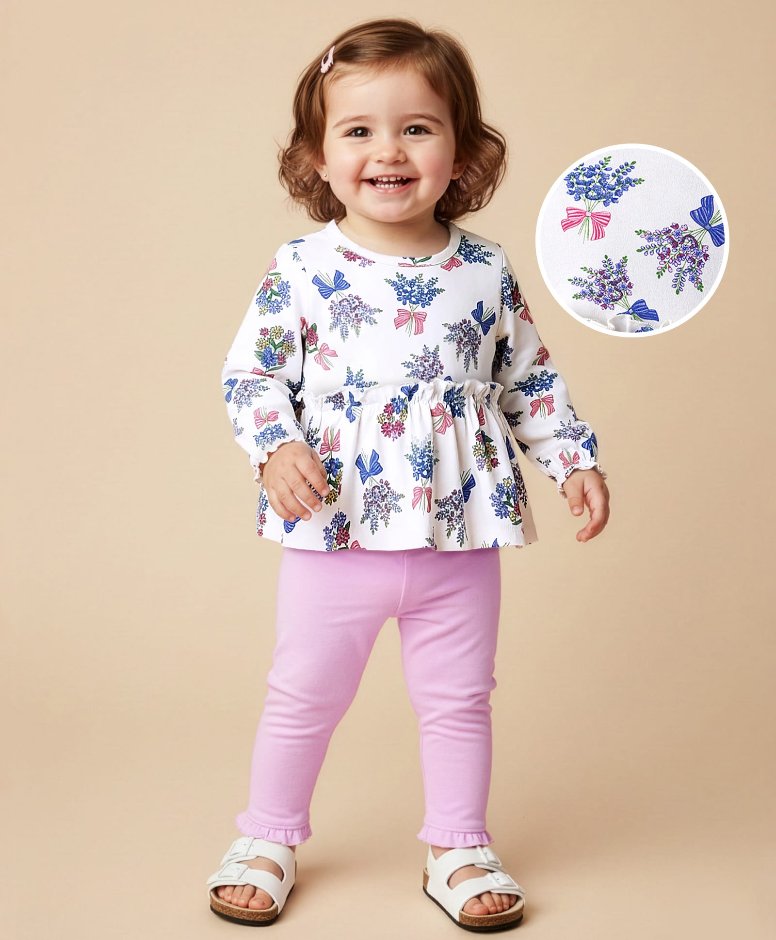 Babyoye 100% Cotton Knit With Eco Jiva Finish Full Sleeves Floral Printed Top & Leggings Set with Frills - Pink & White-image-10