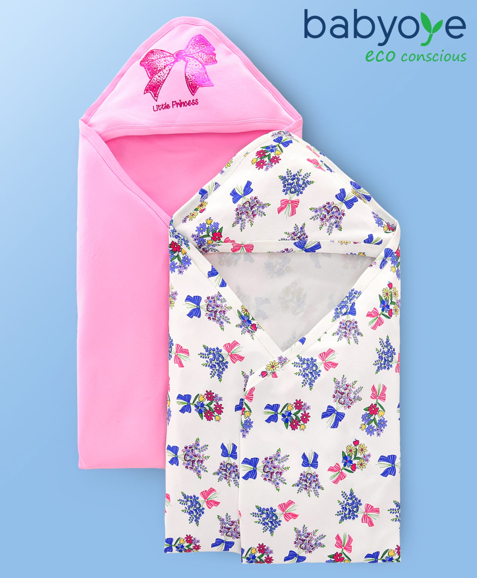 Babyoye 100% Cotton Knit Towels With Bow & Floral Print Pack Of 2 L 88 x B 85 cm - Pink & White-image-48