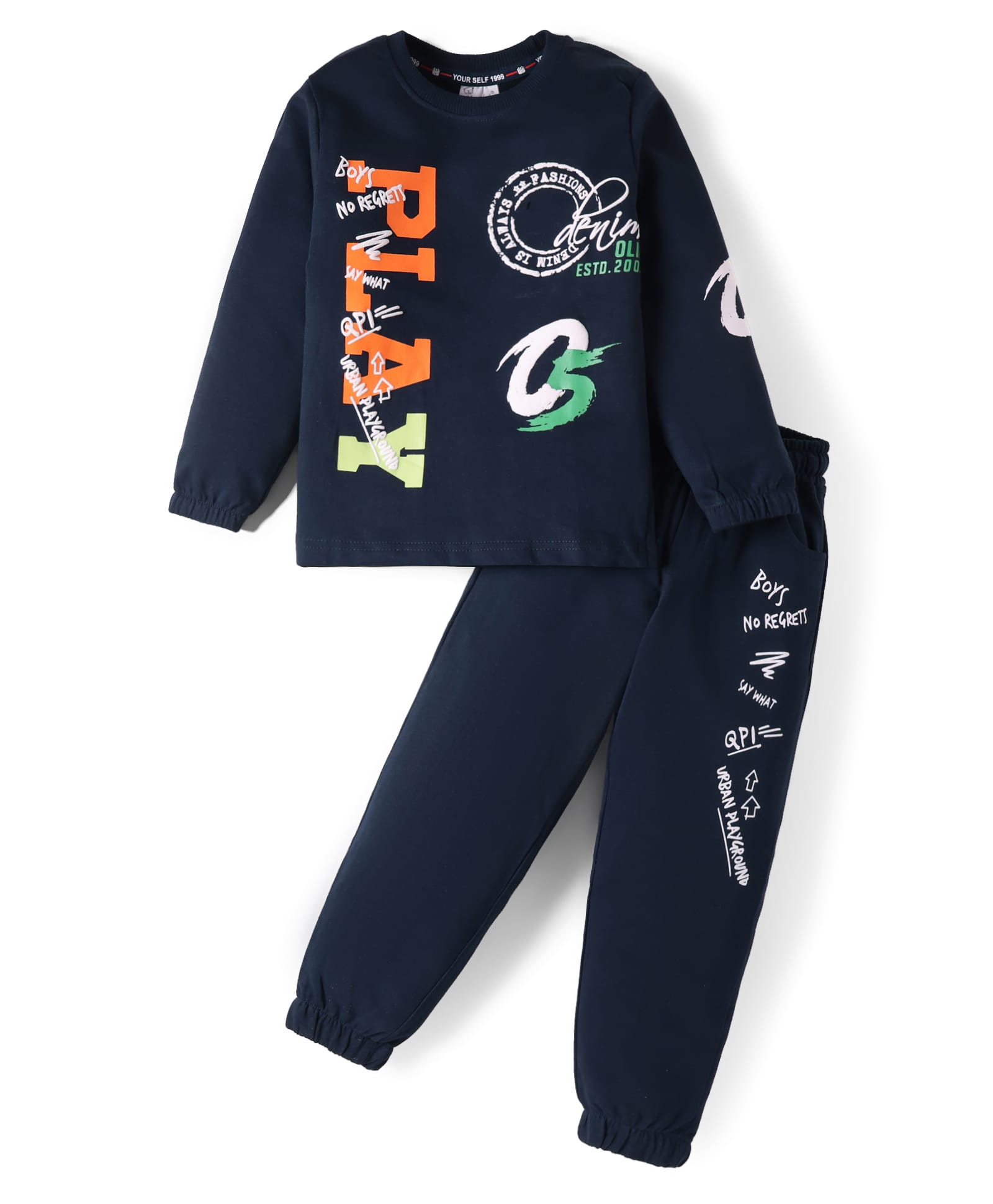 Olio Kids Looper Knit Full Sleeves Winter Wear Sweatshirt & Jogger Set with Play Text Print - Navy Blue-image-38