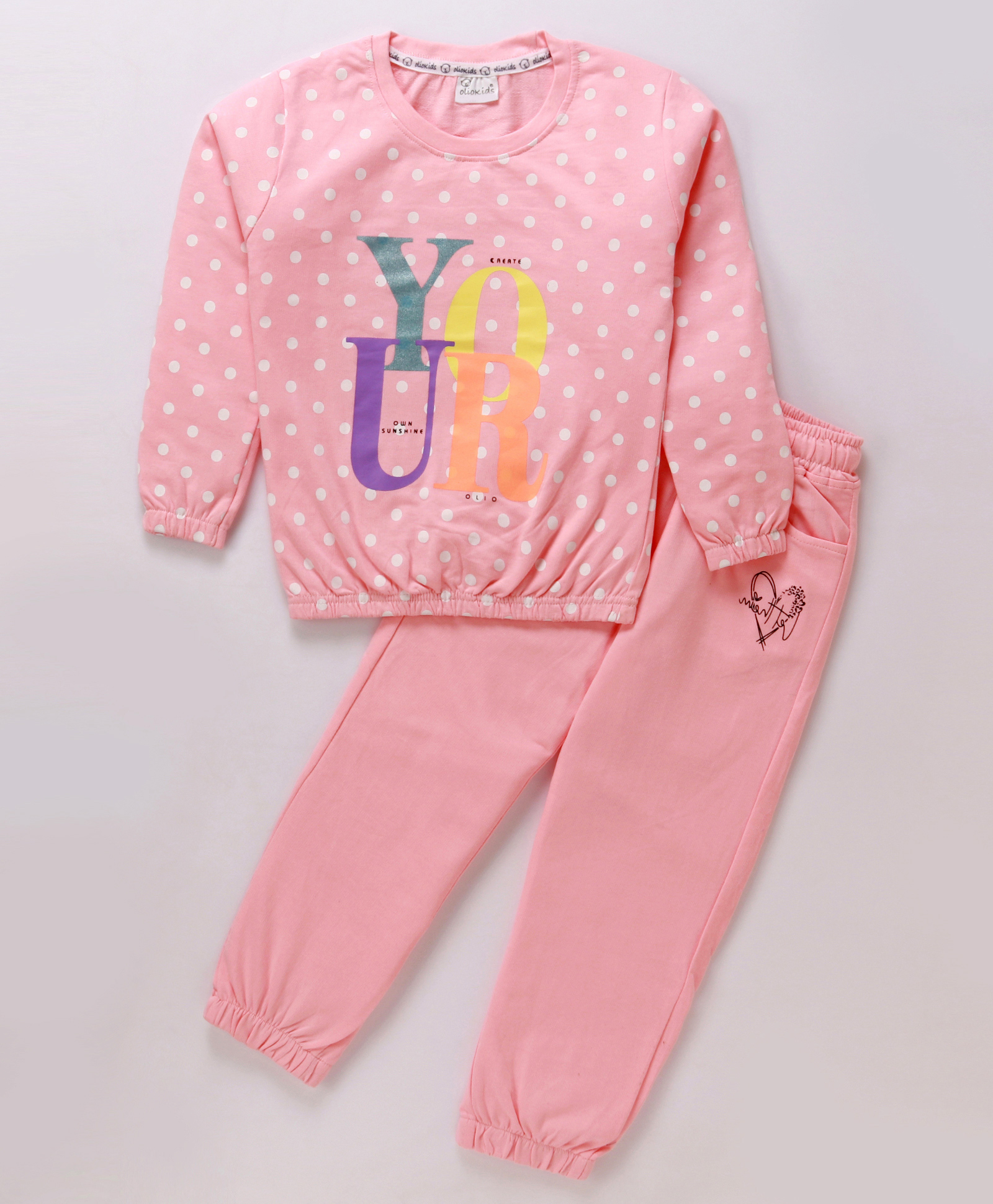Olio Kids Looper Knit Full Sleeves Polka Dots & Text Printed Winter Wear Suit - Pink-picture-49