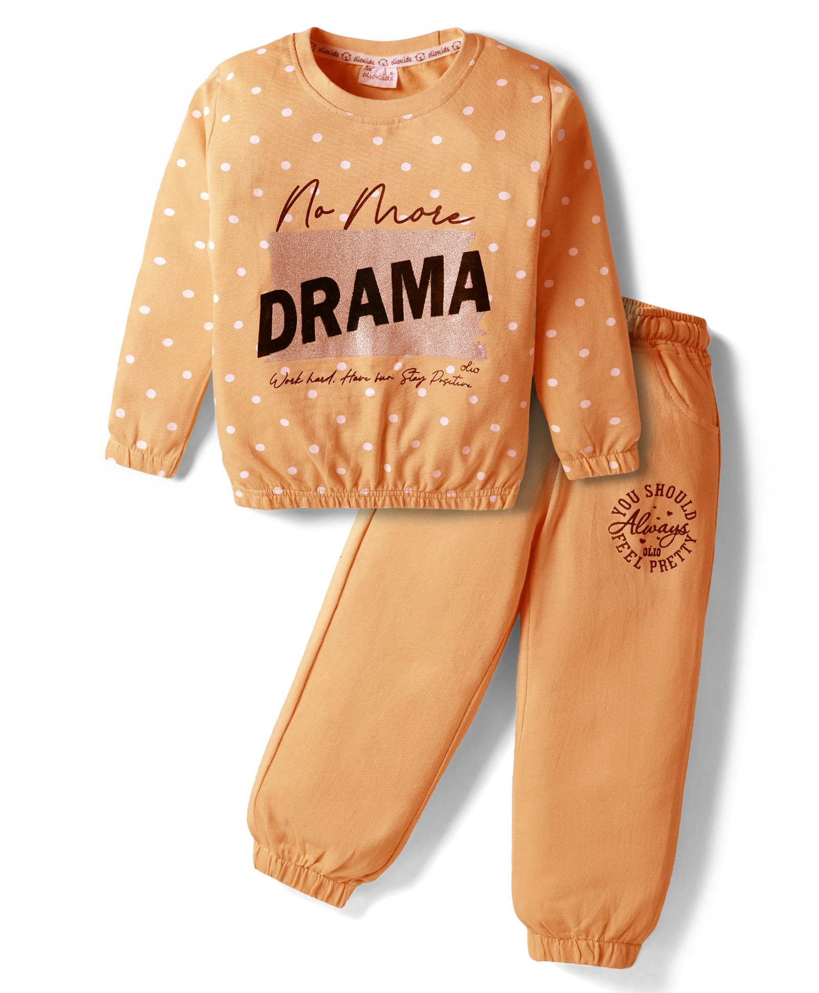 Olio Kids Looper Knit Full Length Polka Dots & Text Printed Winter Wear Sweatshirt & Pant Set - Orange-image-15