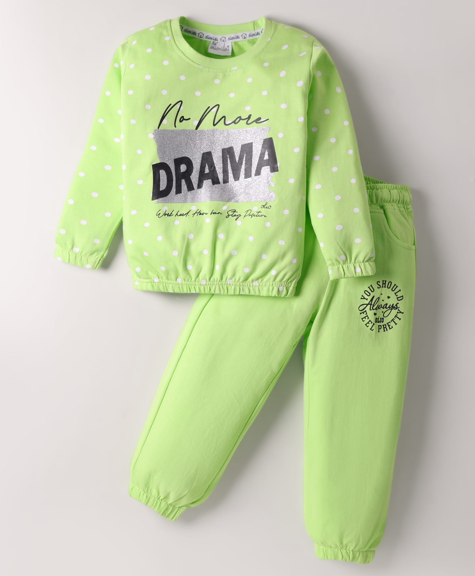 Olio Kids Looper Knit Full Length Polka Dots & Text Printed Winter Wear Sweatshirt & Pant Set - Light Green-picture-43