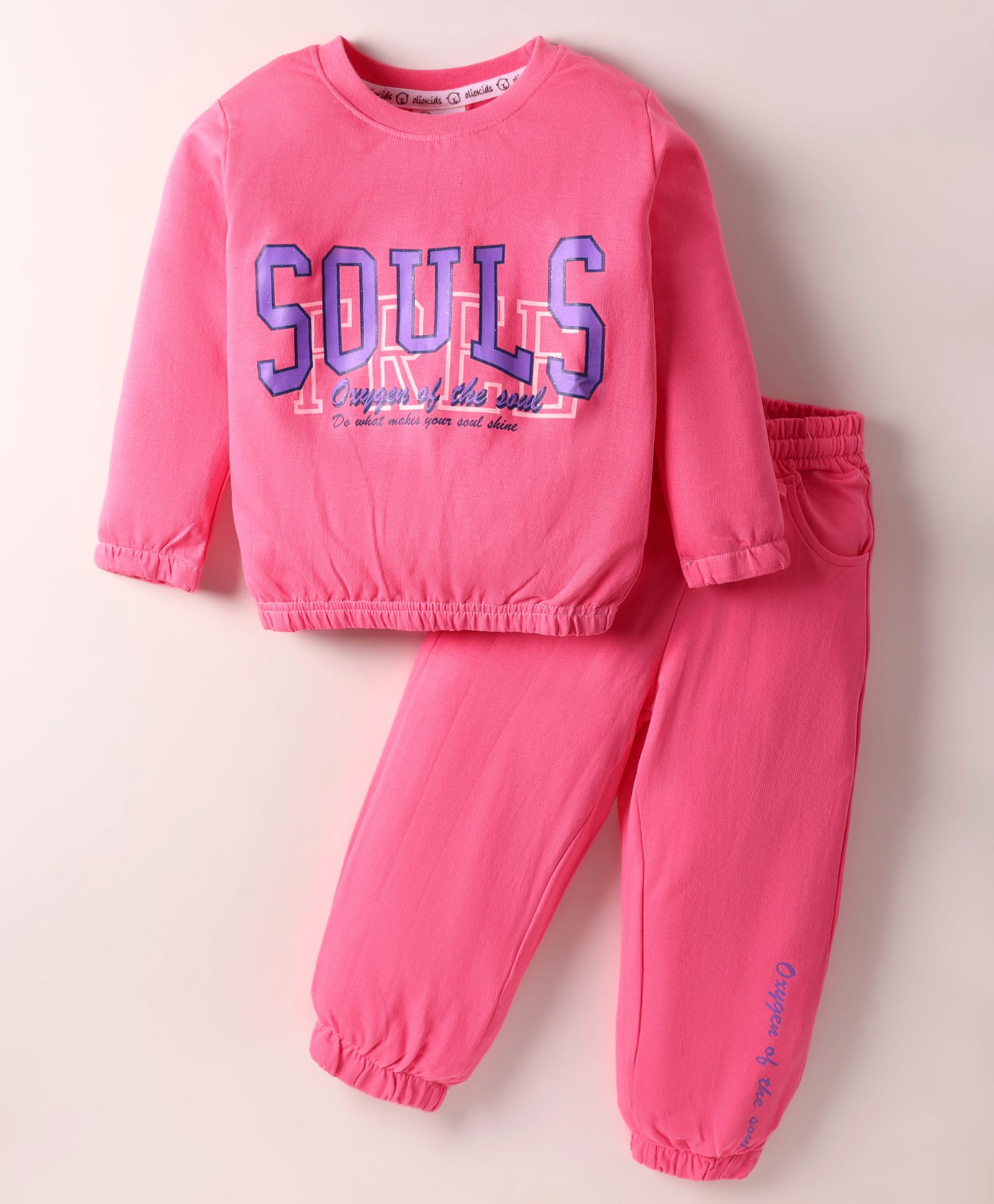 Olio Kids Looper Knit Full Sleeves Winter Wear Sweatshirt & Jogger Set with Souls Text Print - Pink-picture-28