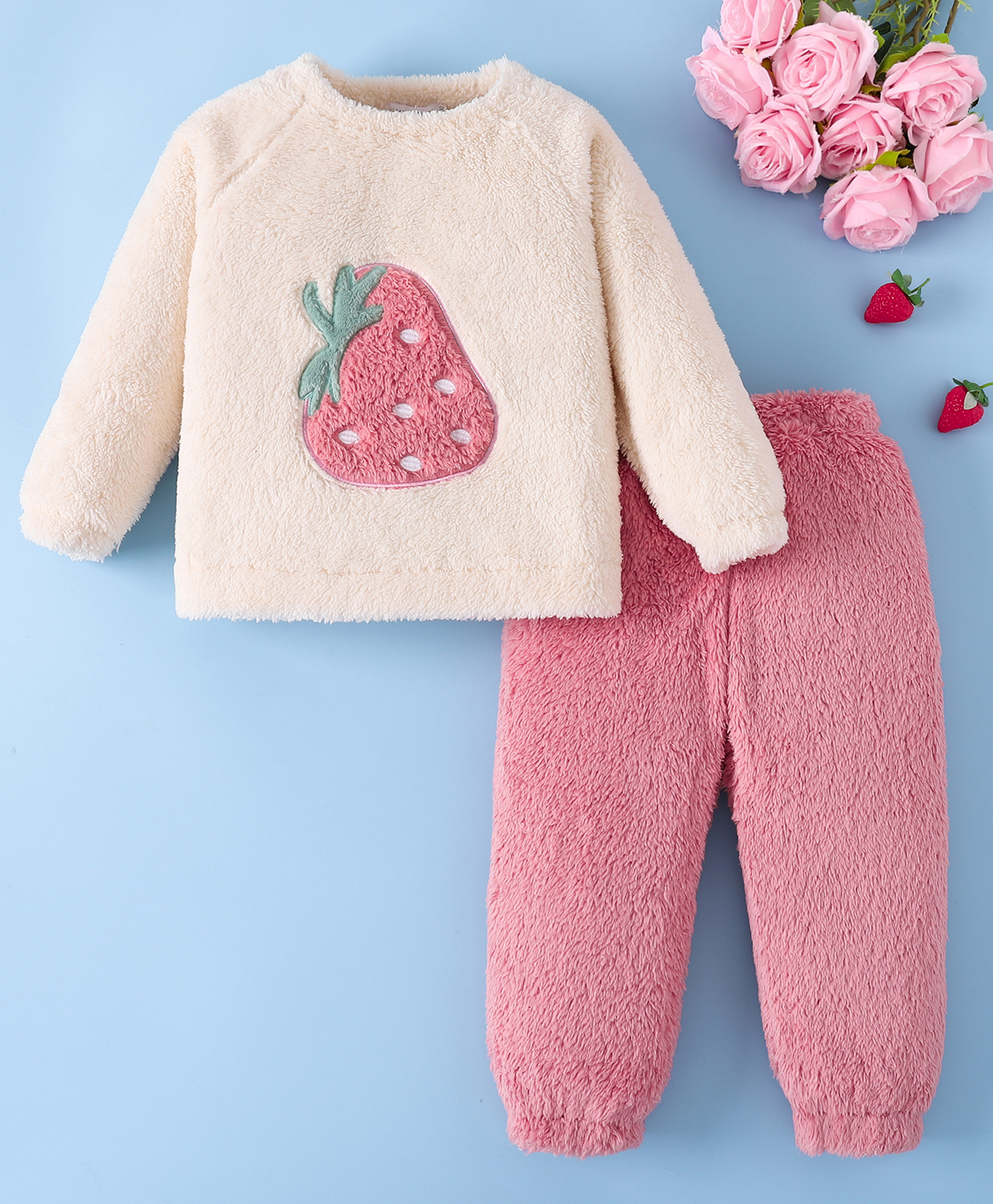 Mark & Mia Full Sleeves Winter Wear Night Suit With Tropical Theme Print - Beige & Pink-image-39