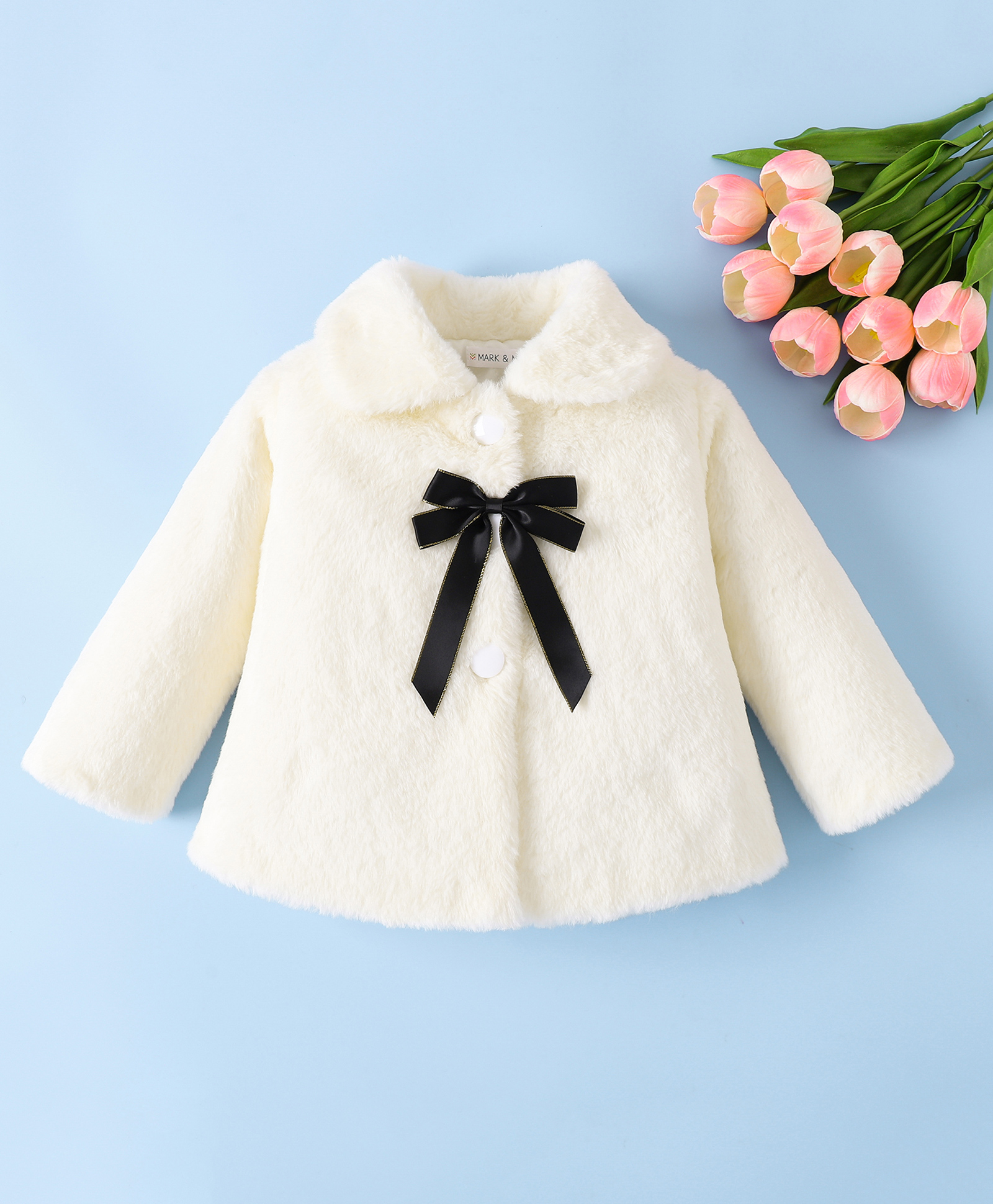 Mark & Mia Full Sleeves Fur Solid Winter Jacket With Bow Applique - Cream-image-19