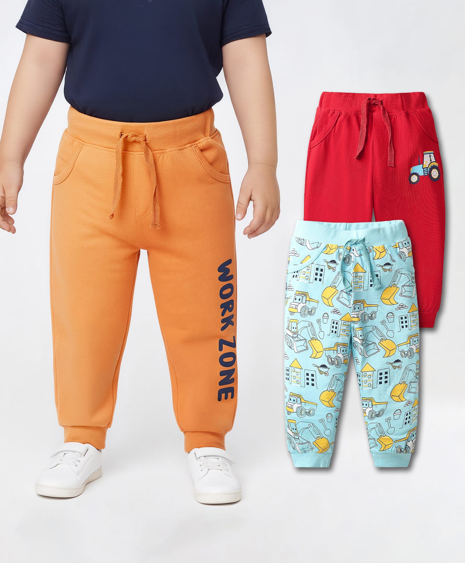 Doodle Poodle 100% Cotton Full Length Vehicles Printed Lounge Pants Pack Of 3 - Sky Blue Red & Orange-picture-18