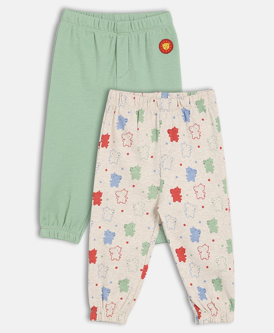 MINI KLUB Cotton Knit Pack Of 2 Sun Patch Embroidered & Baby Hippos Printed Pants - Green & Pink-picture-21