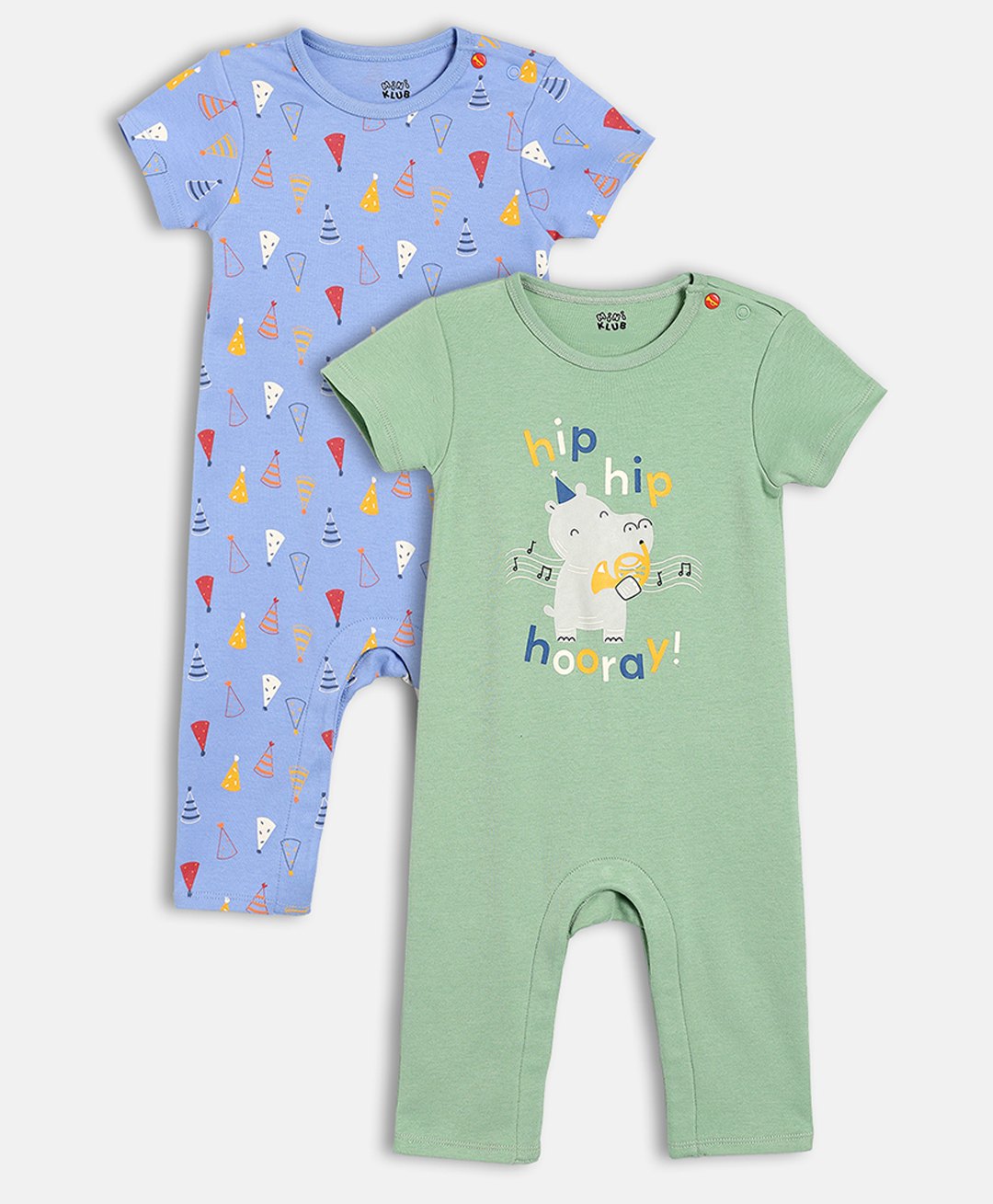 MINI KLUB Cotton Knit Pack Of 2 Half Sleeves Hippo & Caps Printed Rompers - Blue & Green-picture-27