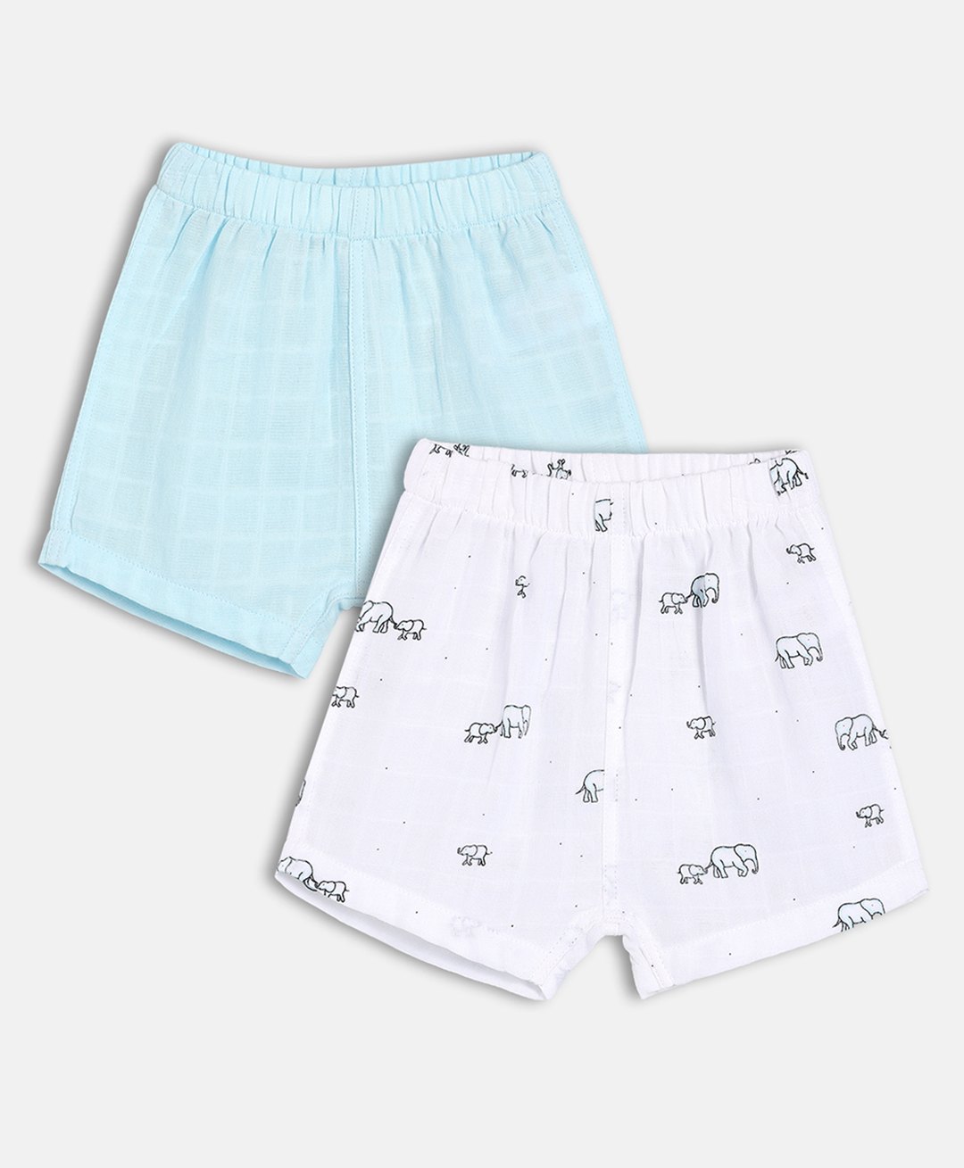 MINI KLUB Cotton Woven Pack Of 2 Checked & Elephants Printed Shorts - Blue & White-picture-21