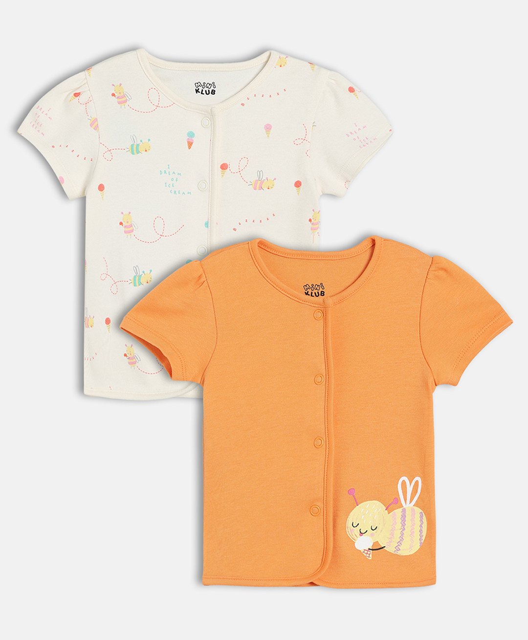 MINI KLUB Cotton Knit Pack Of 2 Half Sleeves Bees & Ice Creams Printed Jhablas - Orange & Off White-picture-42