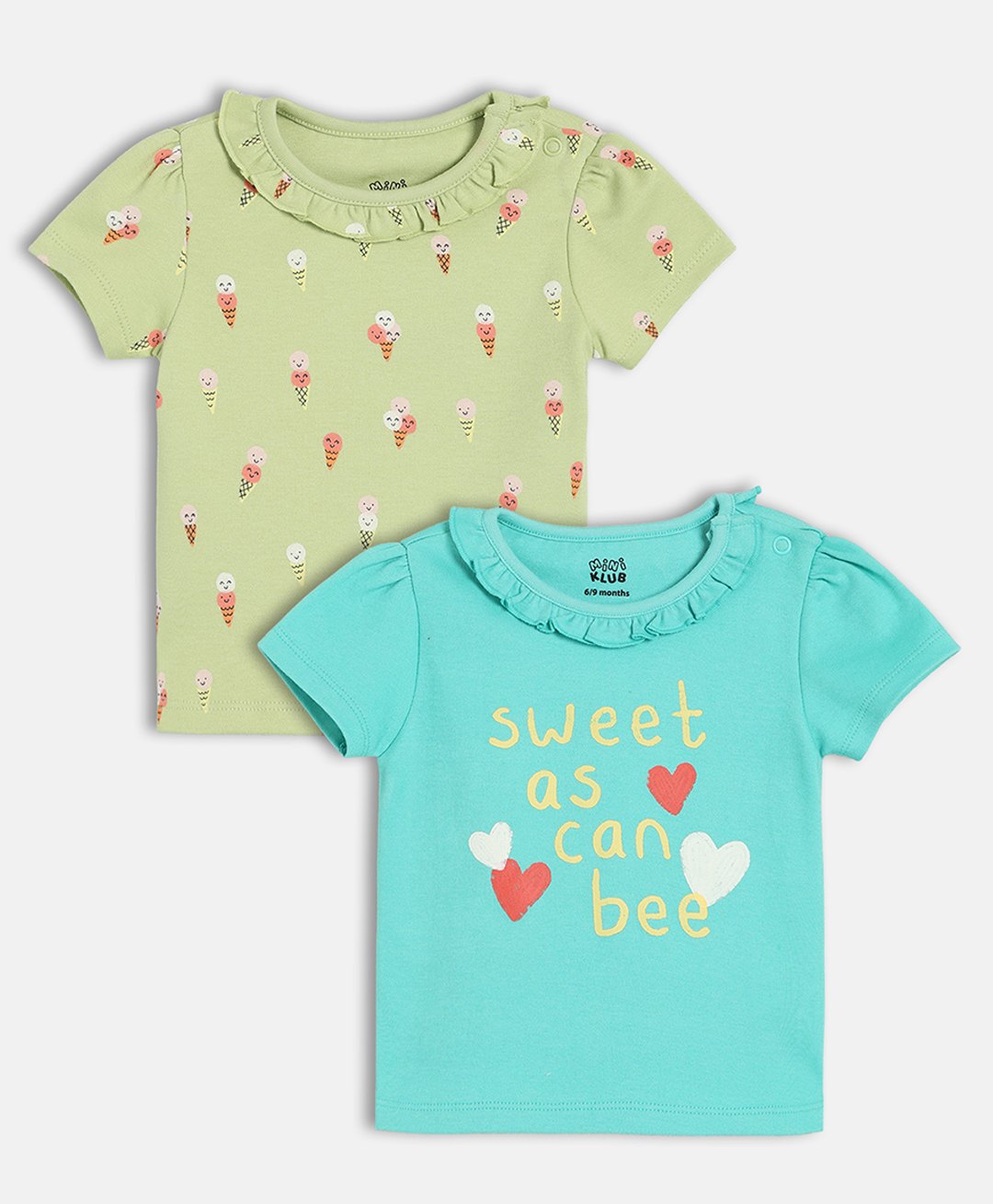 MINI KLUB Cotton Knit Pack Of 2 Half Sleeves Ice Cream & Sweet As Can Bee Text Printed Tops - Blue & Olive-picture-19