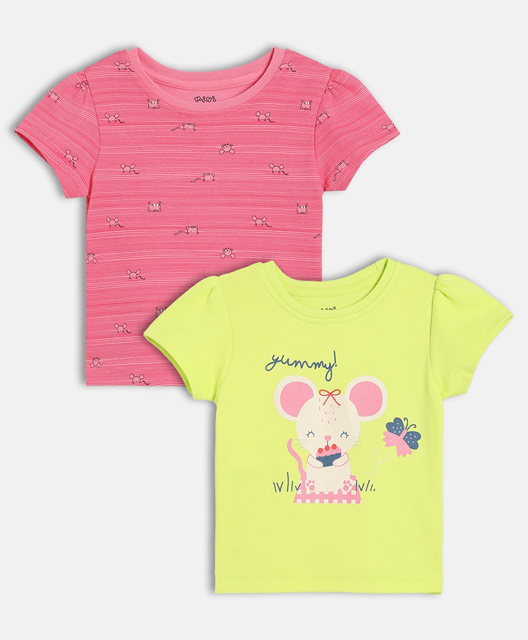 MINI KLUB Cotton Knit Pack Of 2 Half Sleeves Mouse Printed Tops - Pink & Yellow-image-25