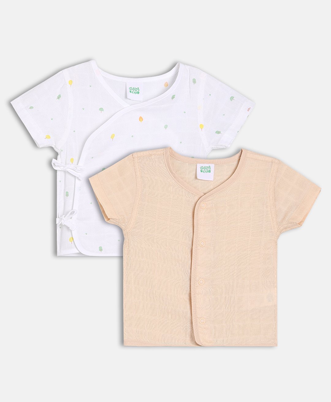 MINI KLUB Cotton Knit Pack Of 2 Half Sleeves Checked & Trees Printed Jhablas - Peach & White-picture-41