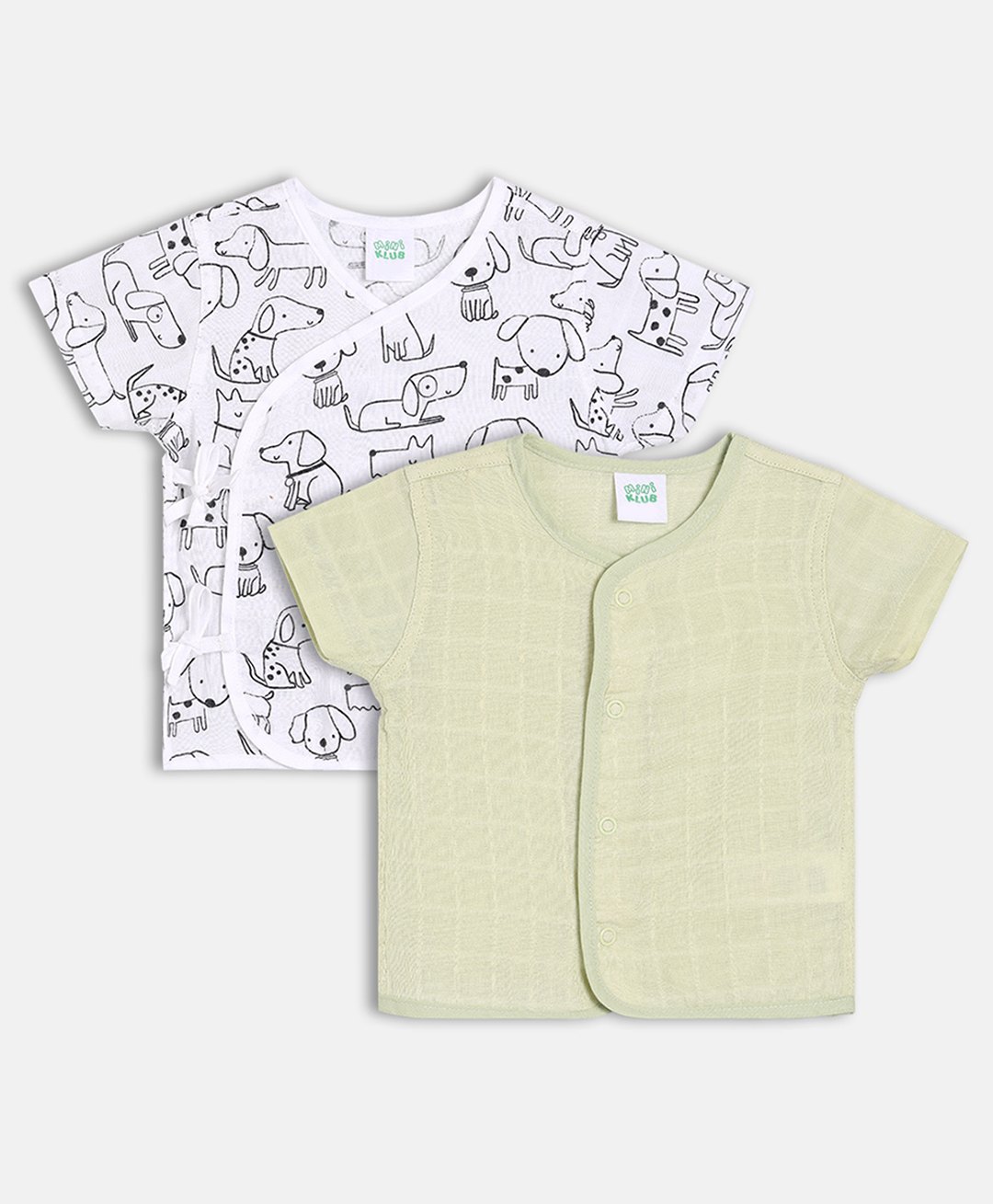 MINI KLUB Cotton Knit Pack Of 2 Half Sleeves Checked & Dogs Printed Jhablas - Mint Green & White-image-26