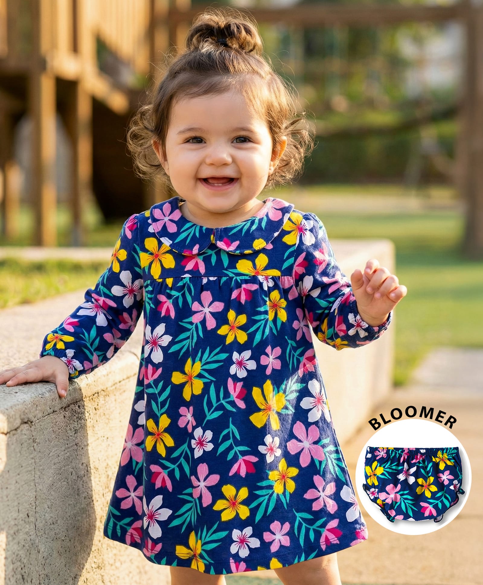 Babyhug Single Jersey Knit Full Sleeves Peter Pan Collar Frock With Floral Print & Bloomer - Navy Blue-picture-37
