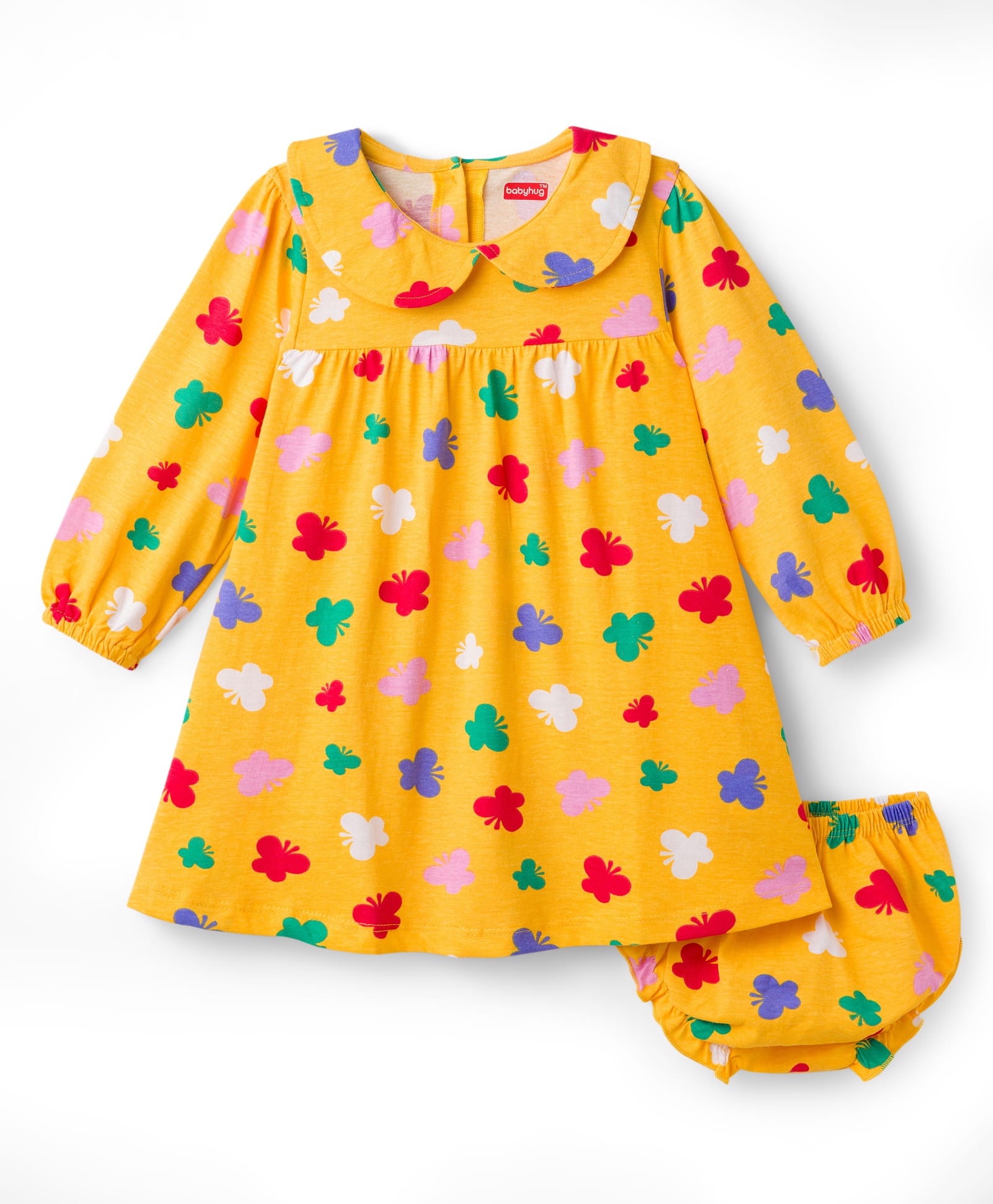 Babyhug Single Jersey Knit Full Sleeves Peter Pan Collar Frock With Bloomer & Butterfly Print - Yellow-picture-34