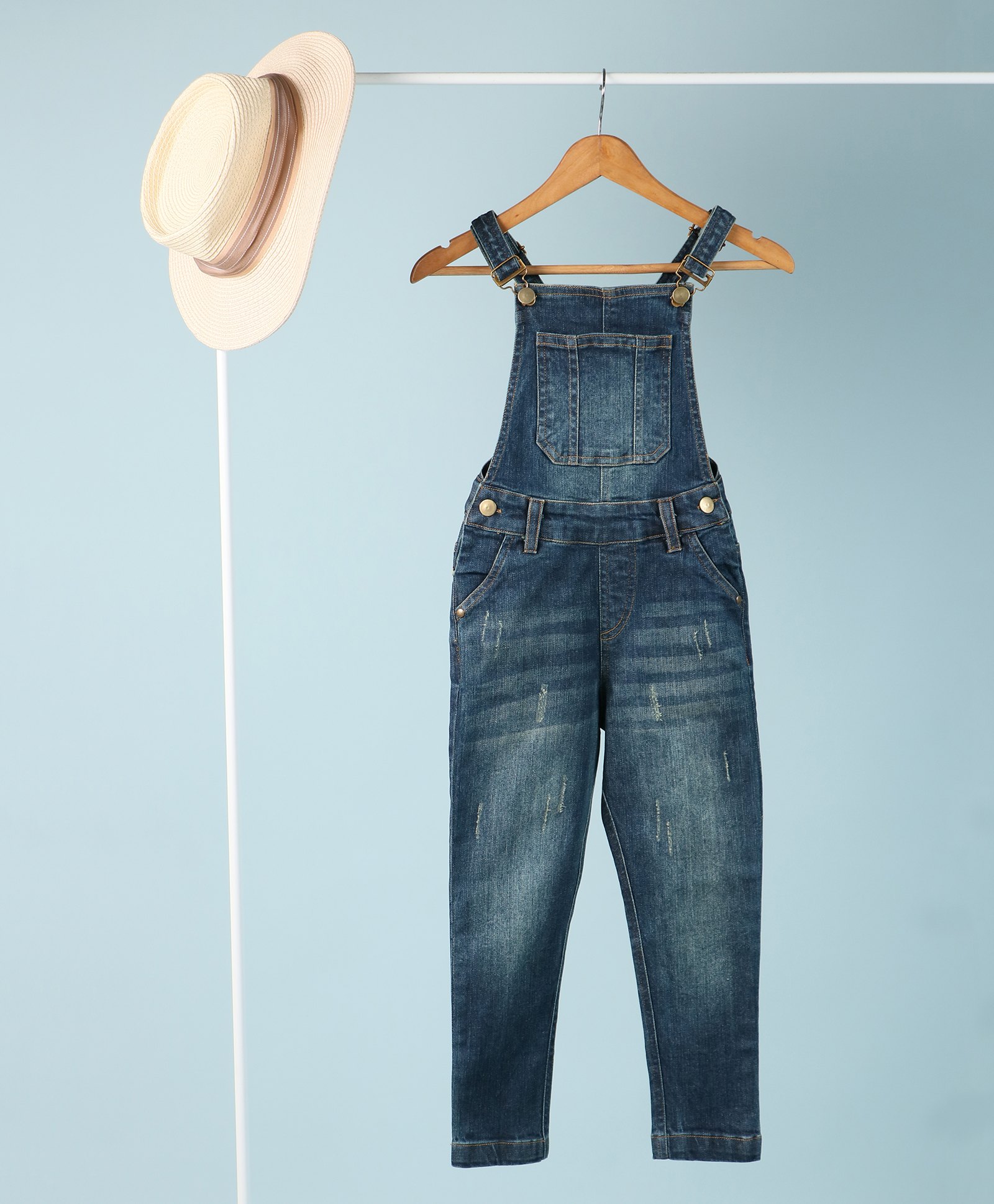 tweeny mini Denim Woven Sleeveless Washed Distressed Dungaree - Dark Blue-picture-23