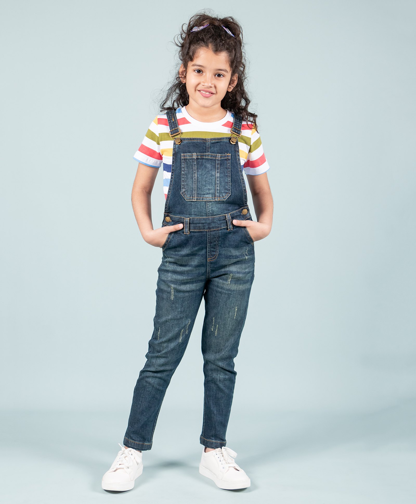 tweeny mini Denim Woven Mild Washed & Distressed Dungaree With Half Sleeves Striped Tee - Dark Blue-picture-24
