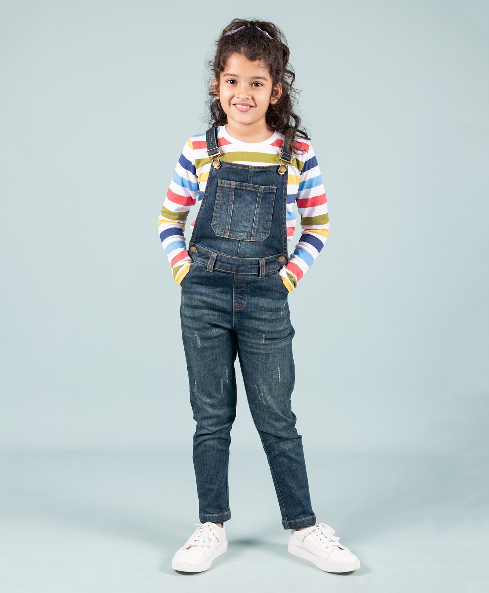 tweeny mini Denim Woven Mild Washed & Distressed Dungaree With Full Sleeves Striped Tee - Dark Blue-image-40