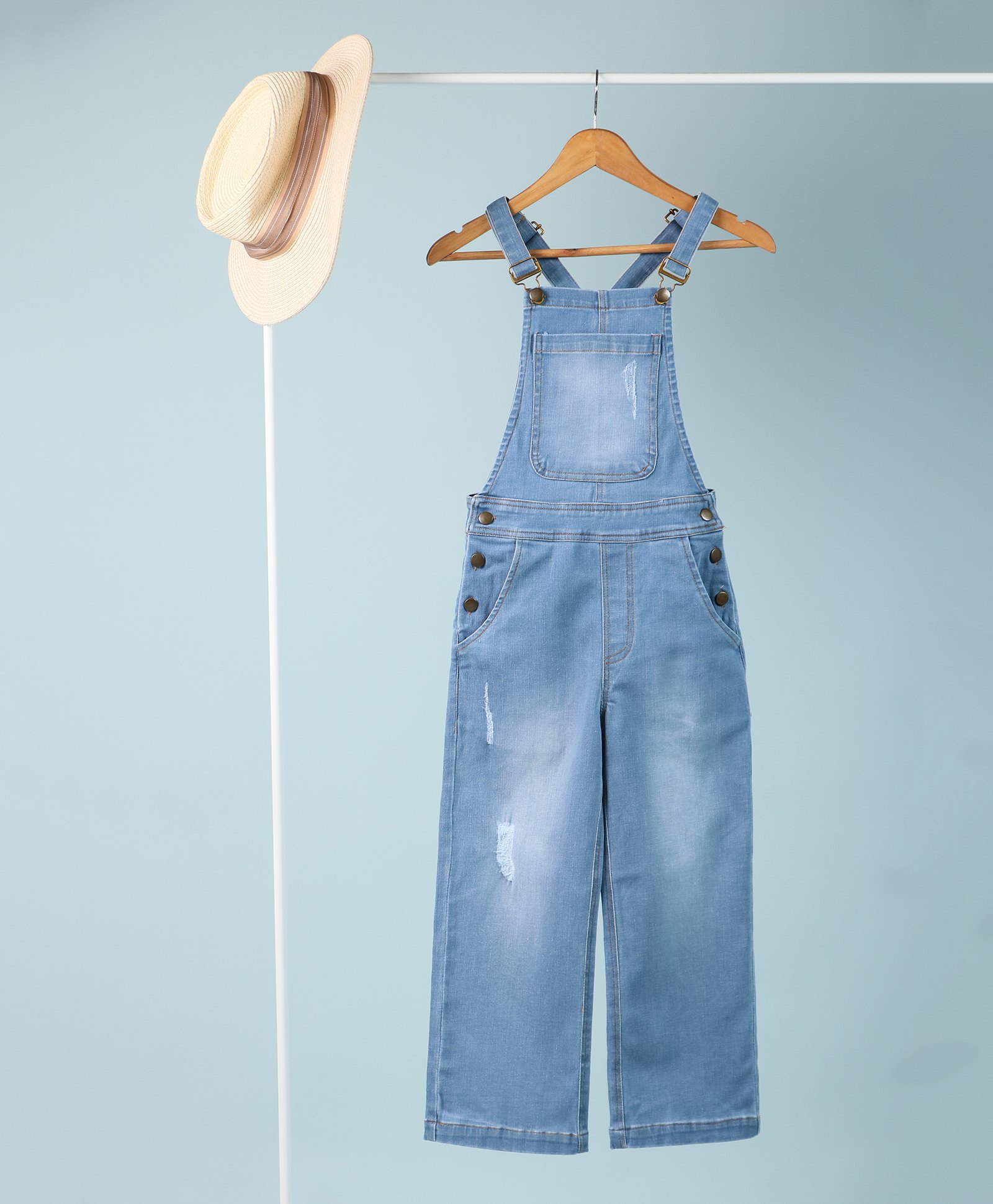 tweeny mini Denim Woven Sleeveless Washed Distressed Dungaree - Light Blue-picture-14