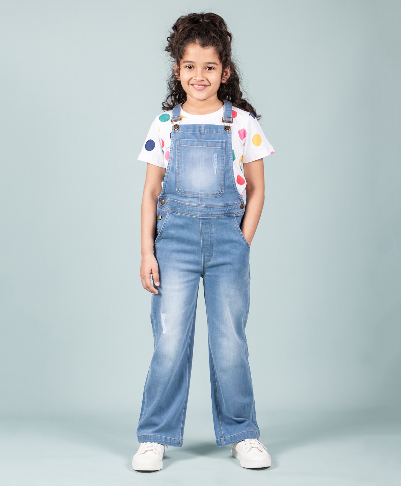 tweeny mini Denim Woven Mild Washed & Distressed Dungaree With Half Sleeves Polka Dots Printed Tee - Blue-image-43