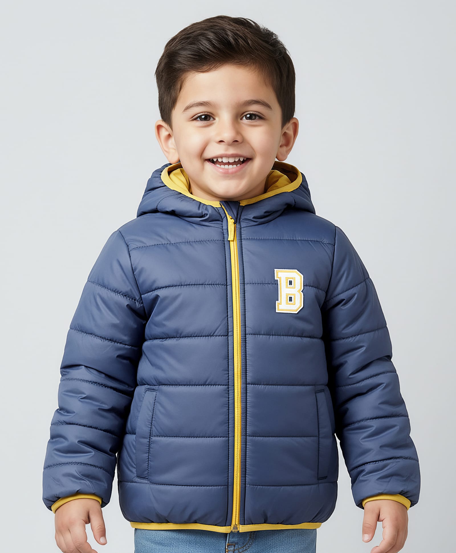 Babyhug Woven Full Sleeves Hooded Padded Jacket With Alphabet Patch - Navy Blue & Mustard-image-48