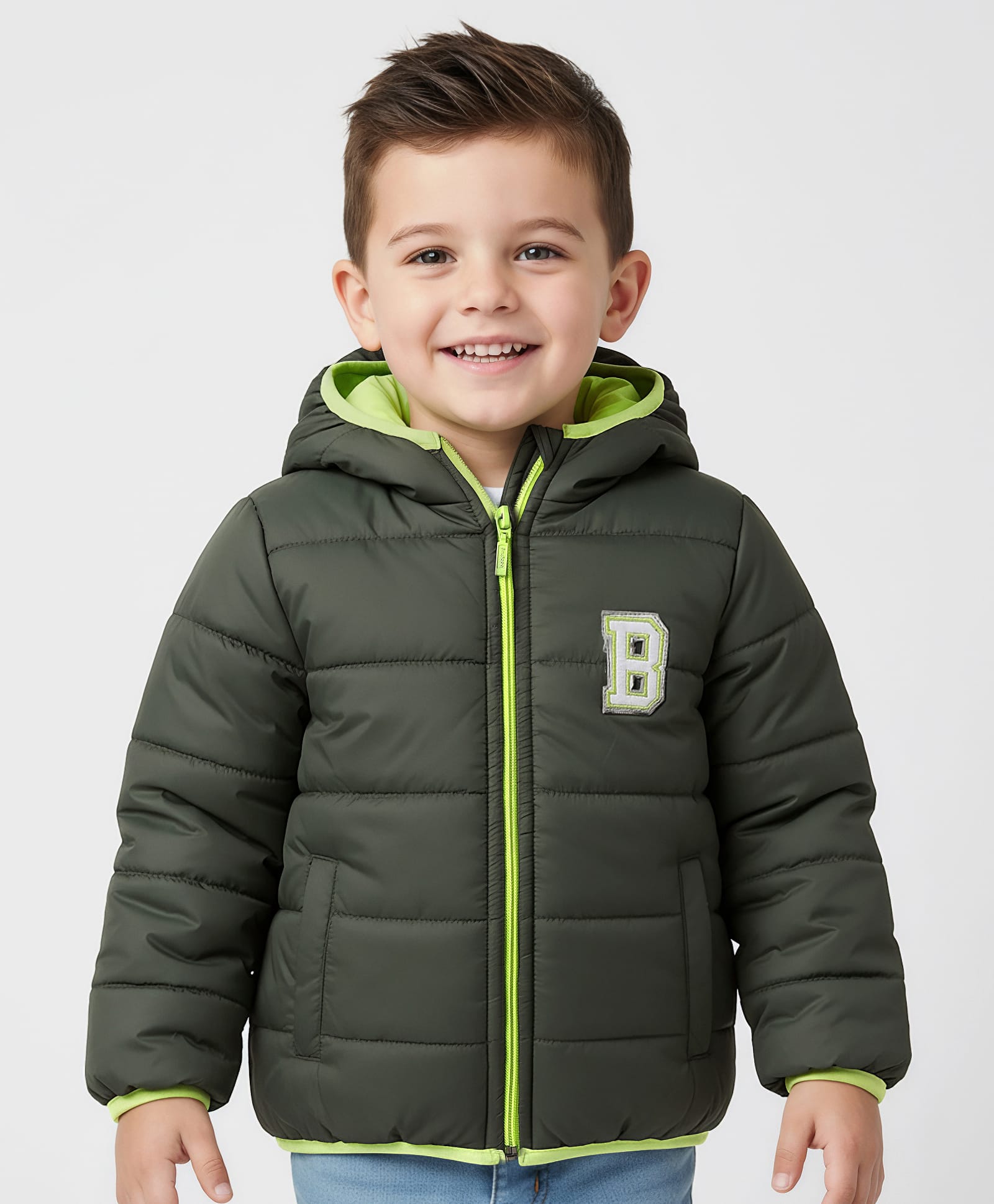 Babyhug Woven Full Sleeves Hooded Padded Jacket With Alphabet Patch - Lime Green-image-17