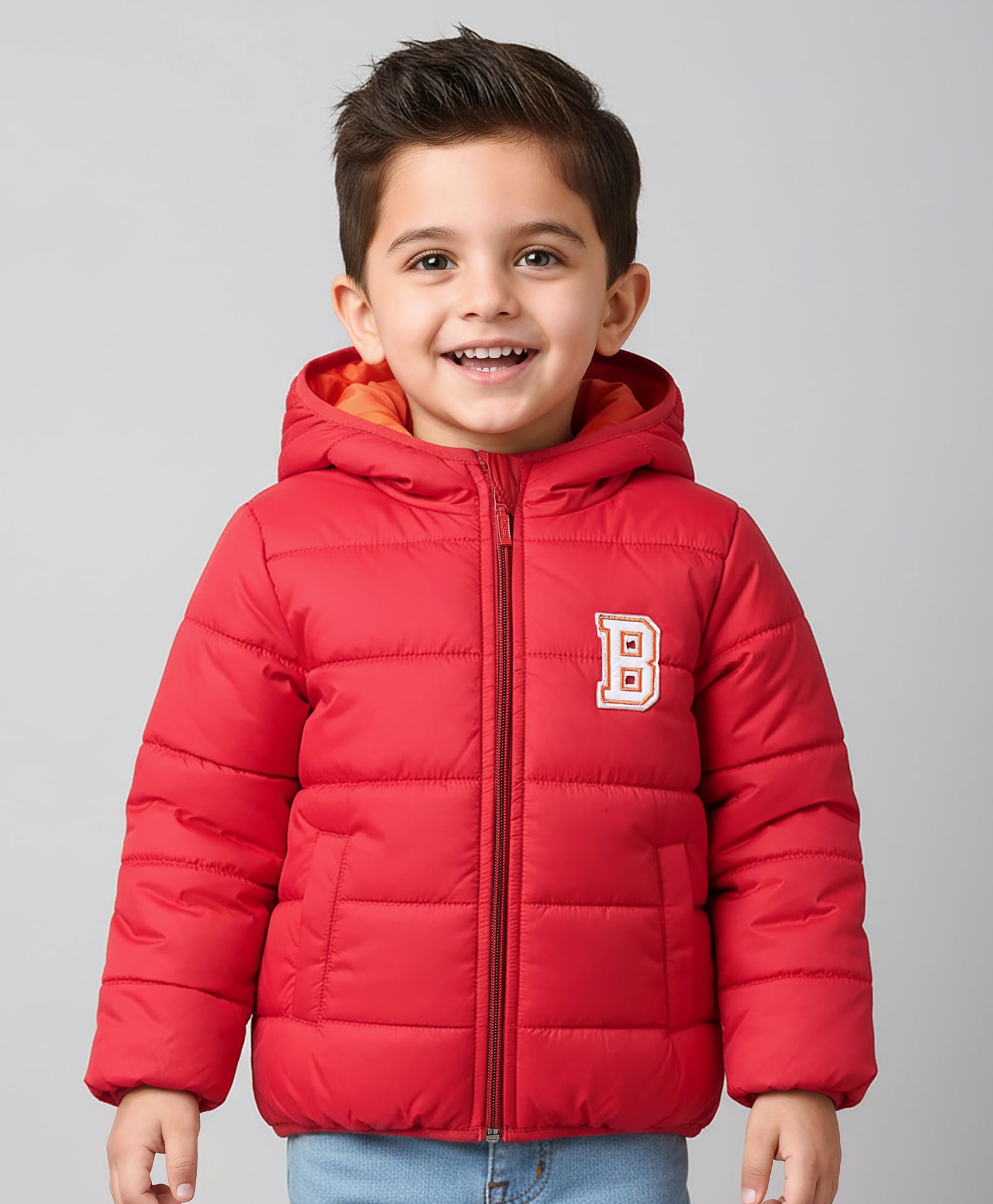 Babyhug Woven Full Sleeves Hooded Padded Jacket With Alphabet Patch - Red-image-29