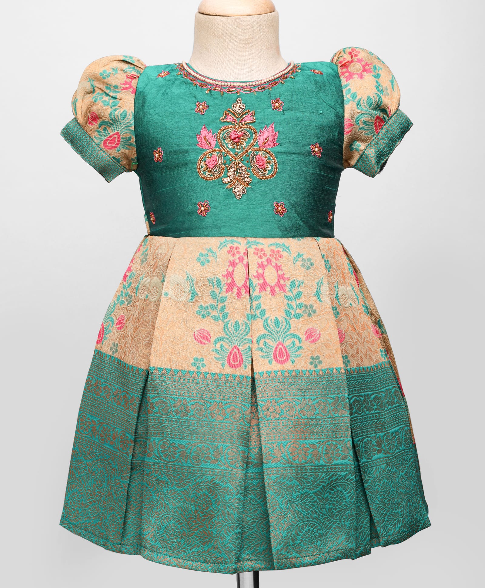 Enfance Half Puffed Sleeves Floral Printed & Embellished Knee Length Pattu Pavdai Dress - Sea Green-picture-10
