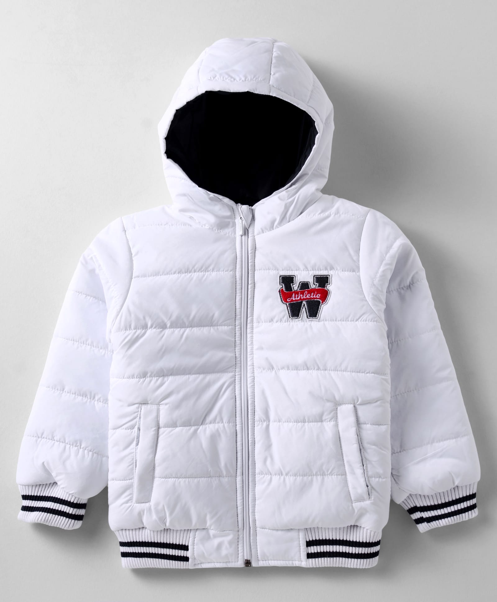 Babyhug Woven Full Sleeves Hooded Padded Jacket With Crown Patch - White-image-49