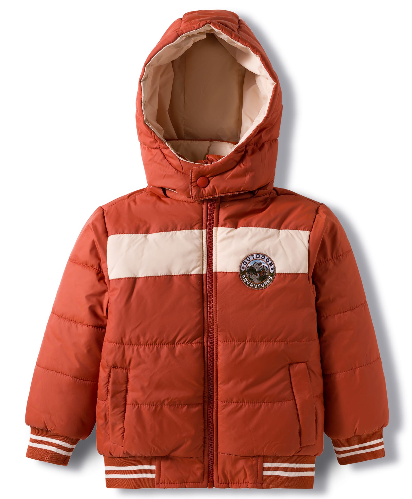 Babyhug Woven Full Sleeves Hooded Padded Jacket with Patch Detailing - Brown-image-19