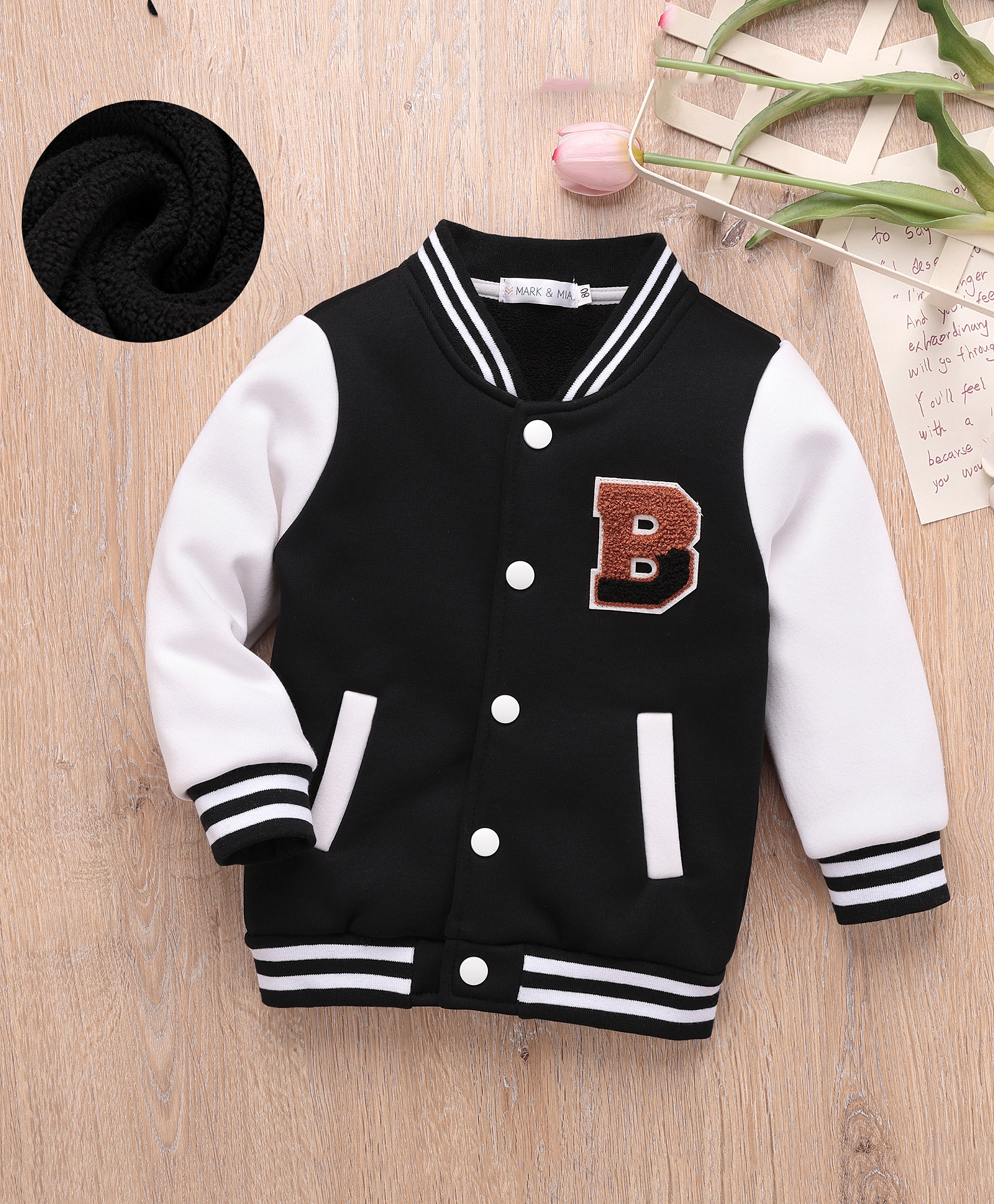 Mark & Mia Full Sleeves Bomber Jacket With Alphabet Embroidery - Black & White-picture-10