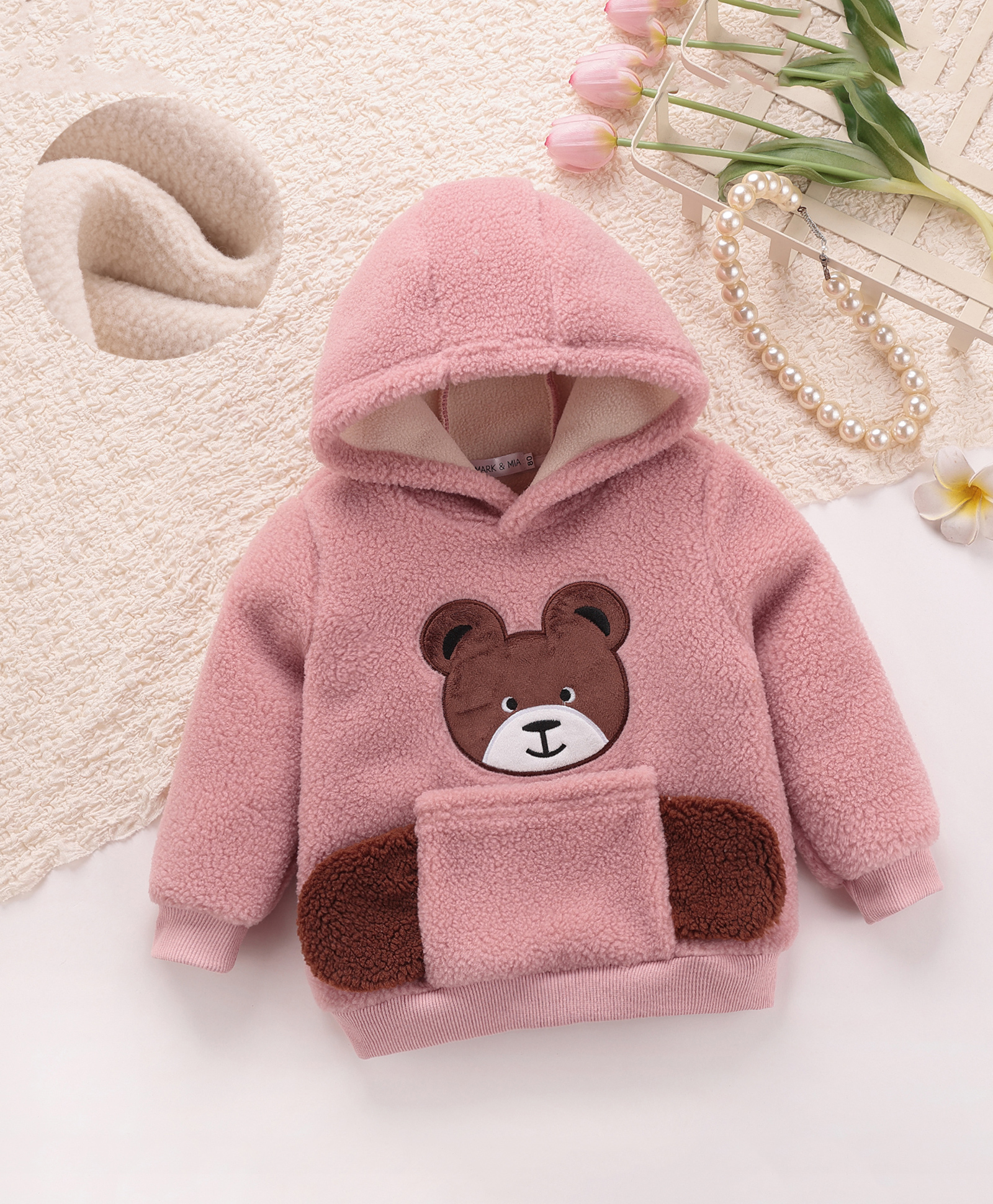 Mark & Mia Full Sleeves Fur Hooded Sweatshirt With Teddy Bear Patch & Applique - Pink-image-41