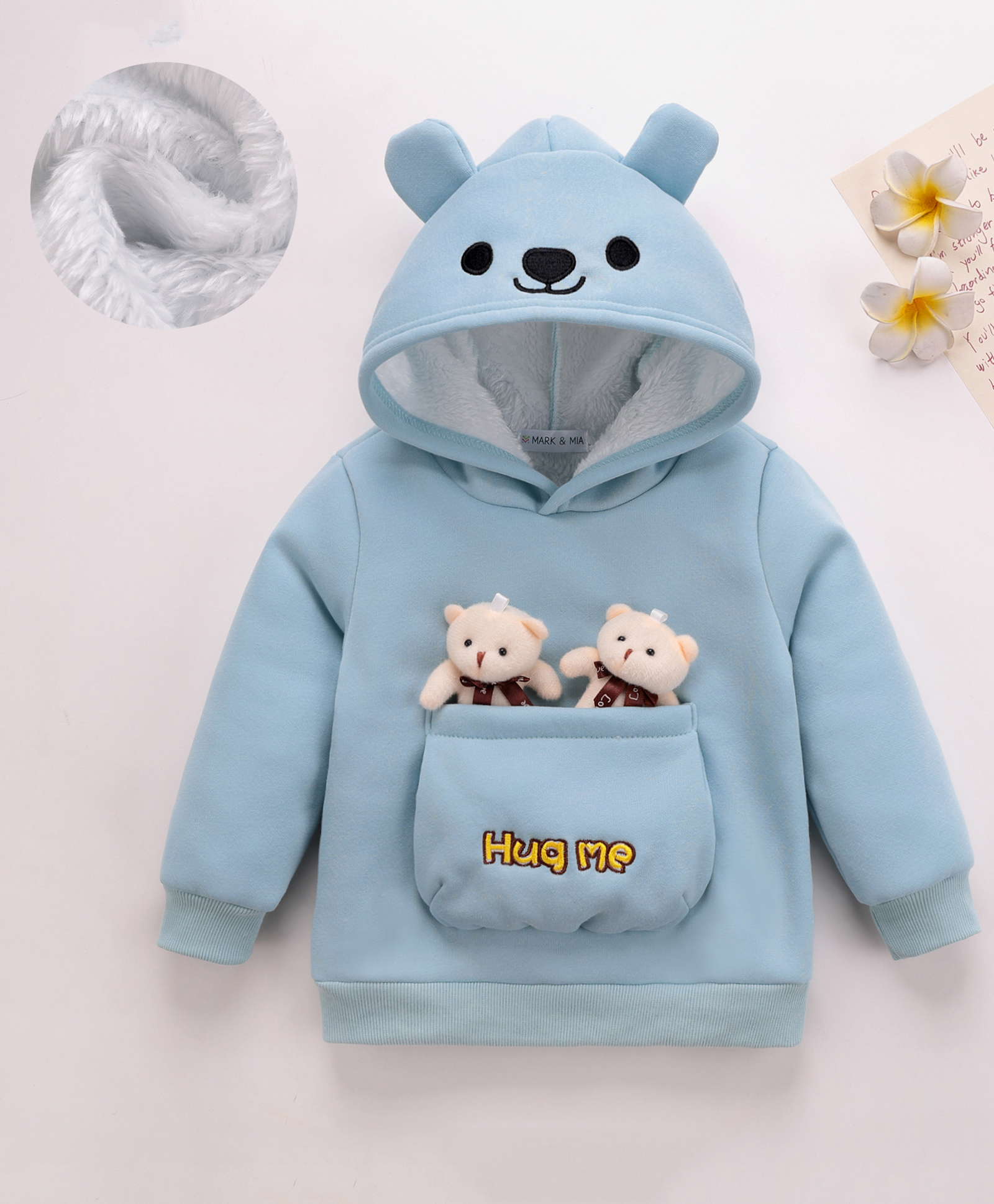 Mark & Mia Full Sleeves Hooded Sweatshirt With Teddy Bear Applique & Embroidery - Light Blue-image-15