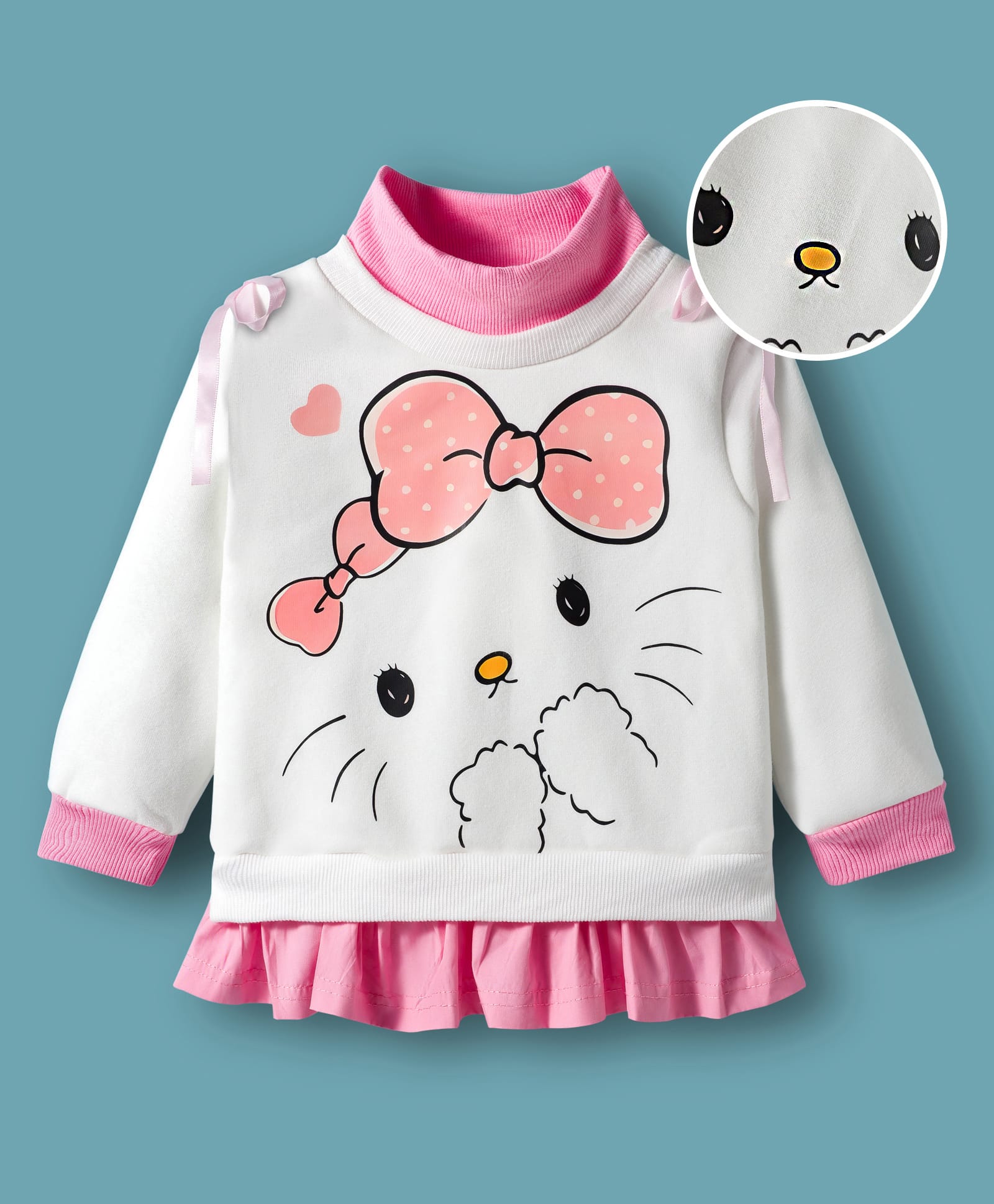 Mark & Mia Full Sleeves Overlapped Sweatshirt With Kitty Print - White
