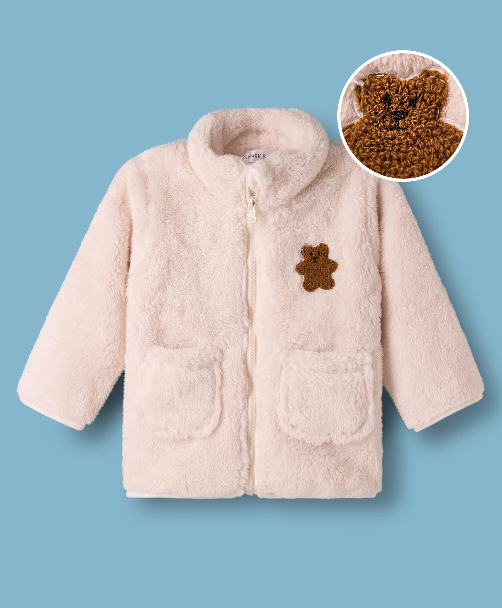 Mark & Mia Full Sleeves Fur Winter Jacket with Bear Embroidery - Cream-picture-17