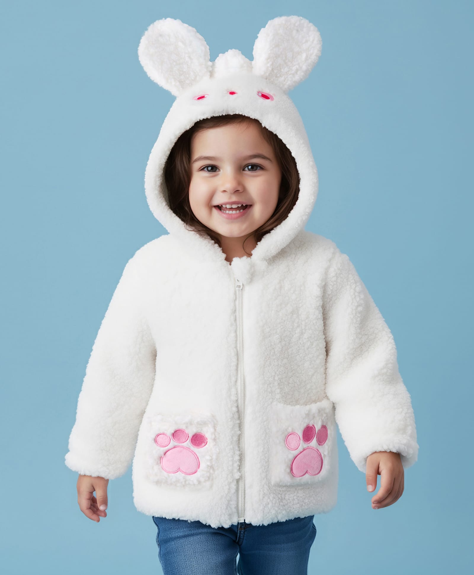 Mark & Mia Full Sleeves Hooded Fur Winter Jacket with Ear Applique & Pugmark Patch - White-image-44