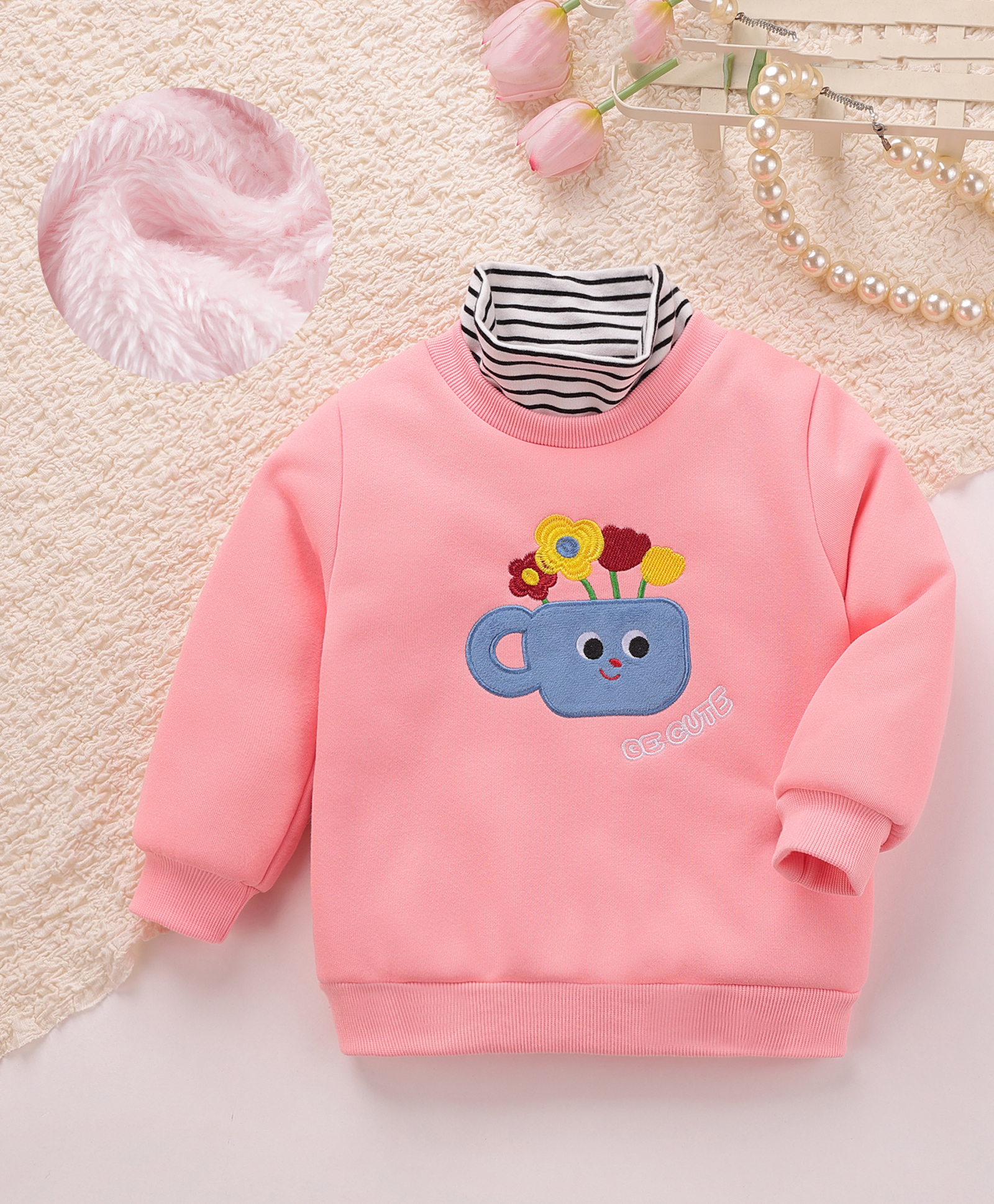 Mark & Mia Full Sleeves High Neck Sweatshirt With Floral Embroidery - Pink-picture-11